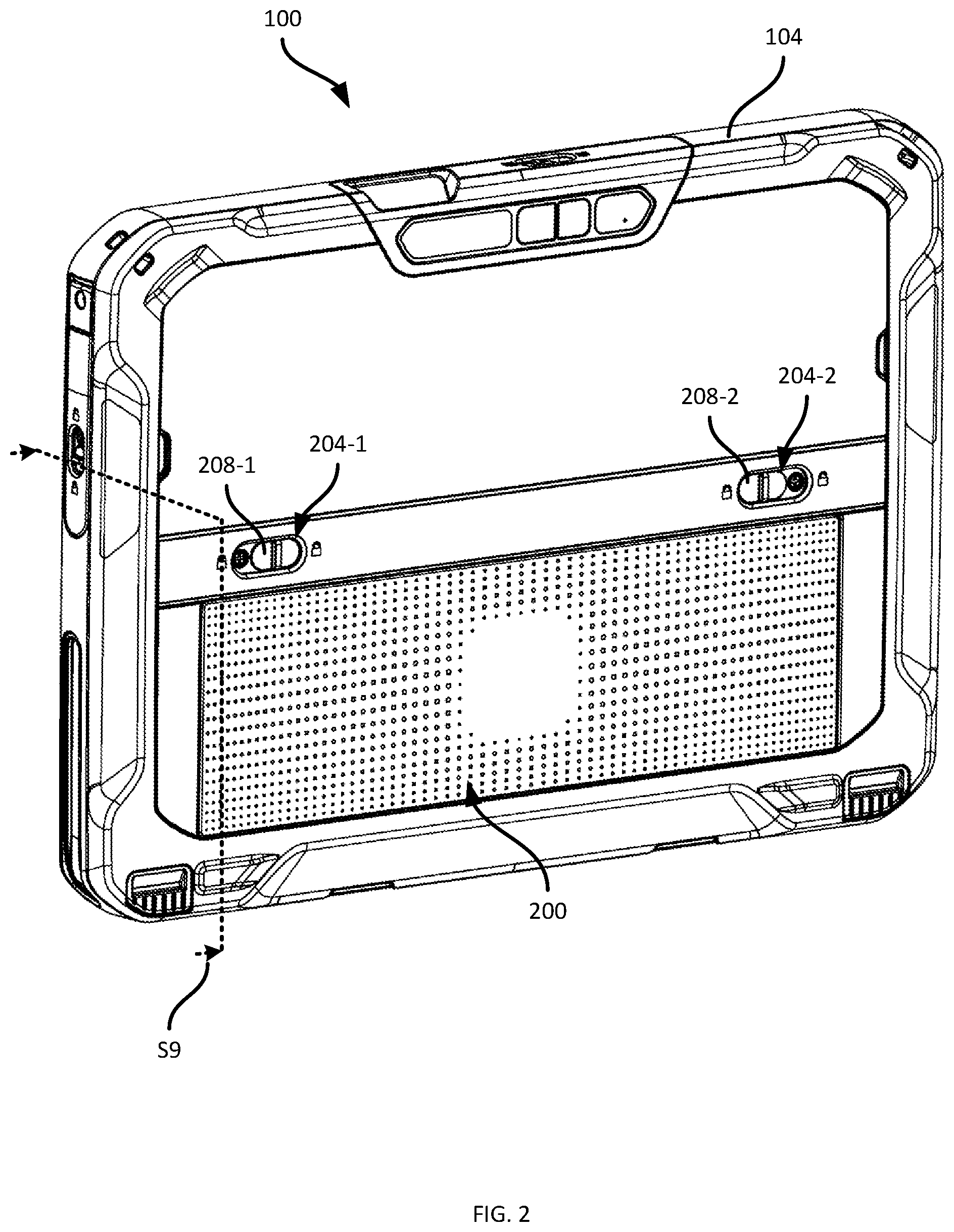 Patent US12332691 Figure 2 – Battery pack retention systems for mobile computing devices