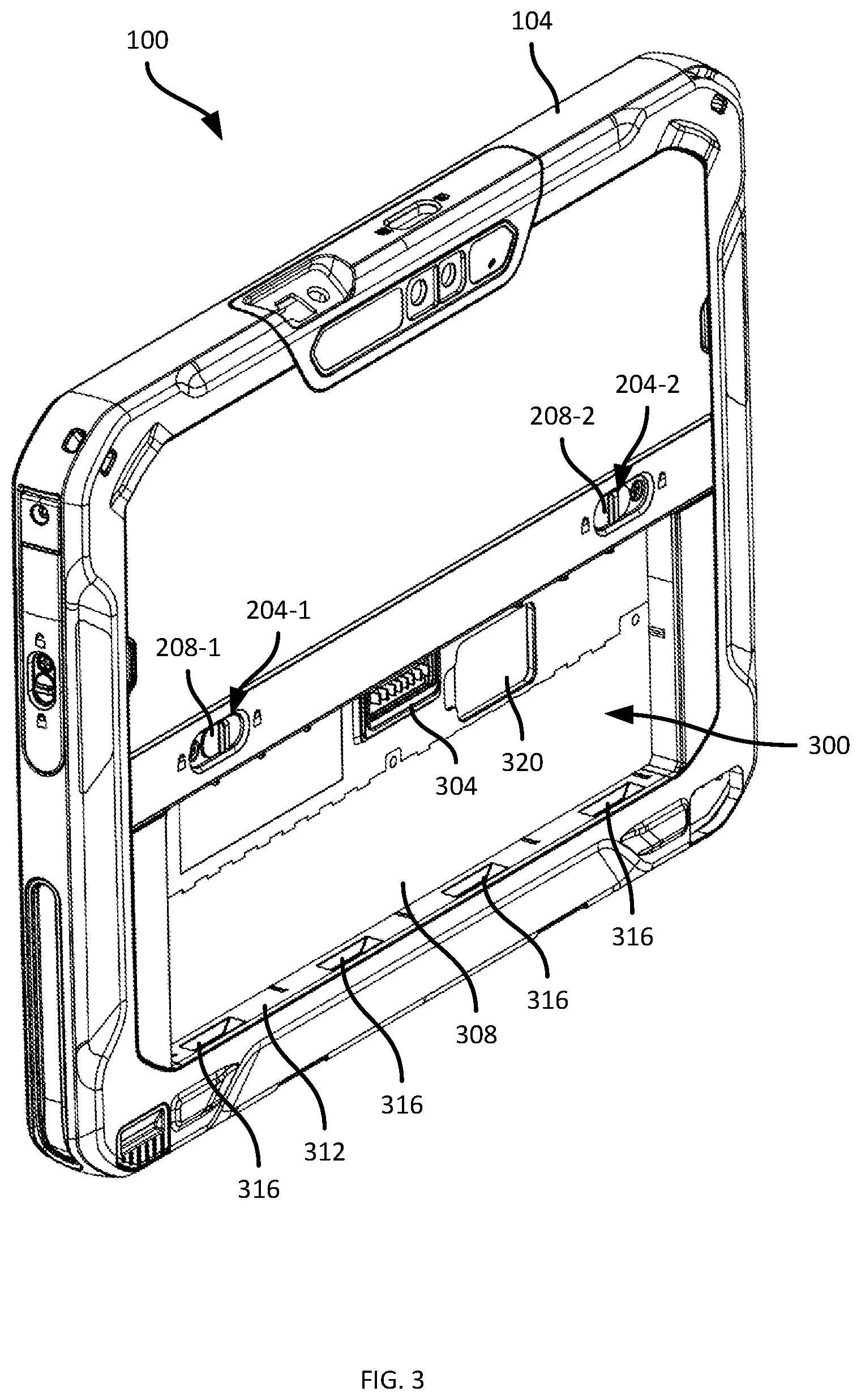 Patent US12332691 Figure 3 – Battery pack retention systems for mobile computing devices
