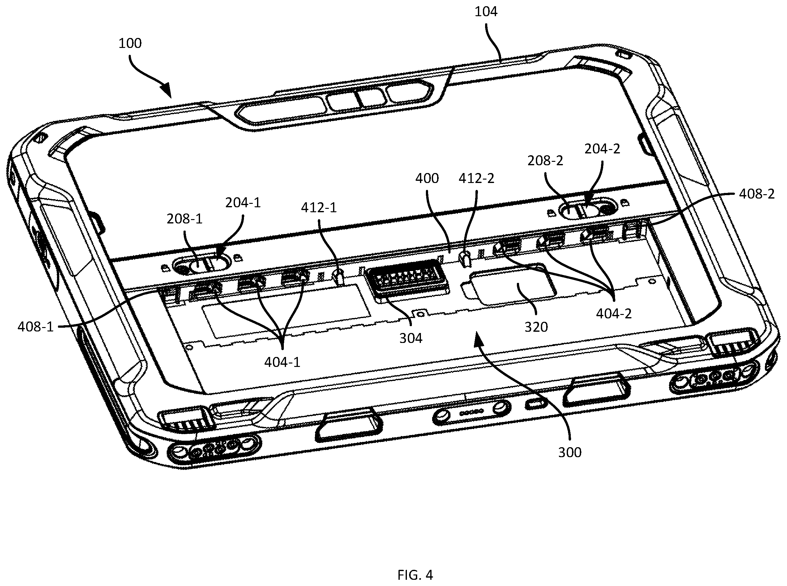 Patent US12332691 Figure 4 – Battery pack retention systems for mobile computing devices