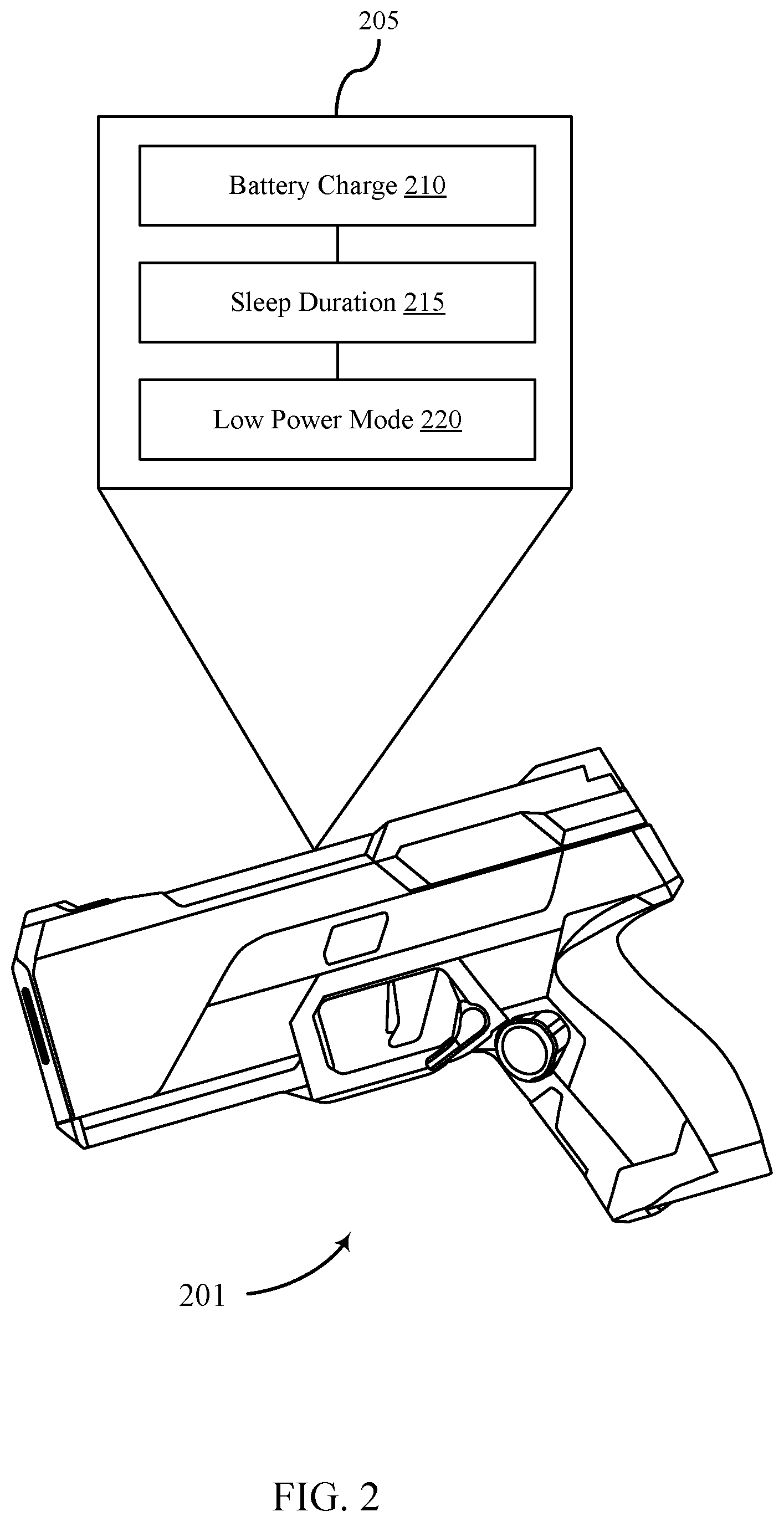 Patent US12332716 Figure 2 – Systems and techniques for improving battery life in an electromechanical gun