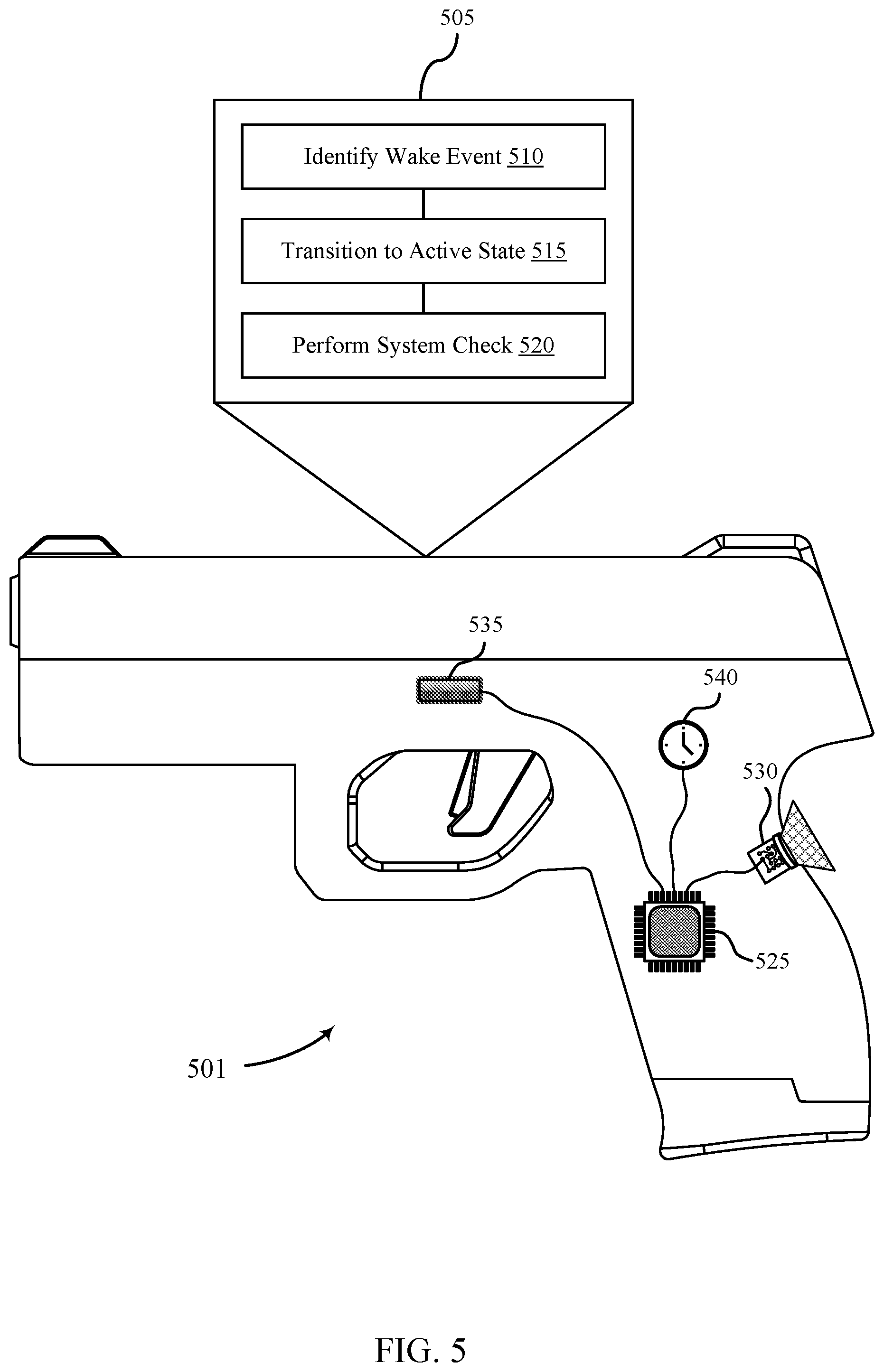 Patent US12332716 Figure 5 – Systems and techniques for improving battery life in an electromechanical gun