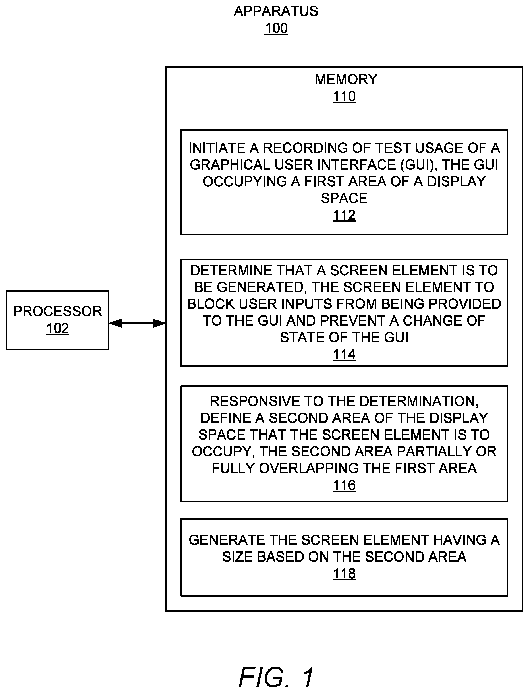 Patent US12332769 Figure 1 – Recording test usage of a graphical user interface with blocked inputs