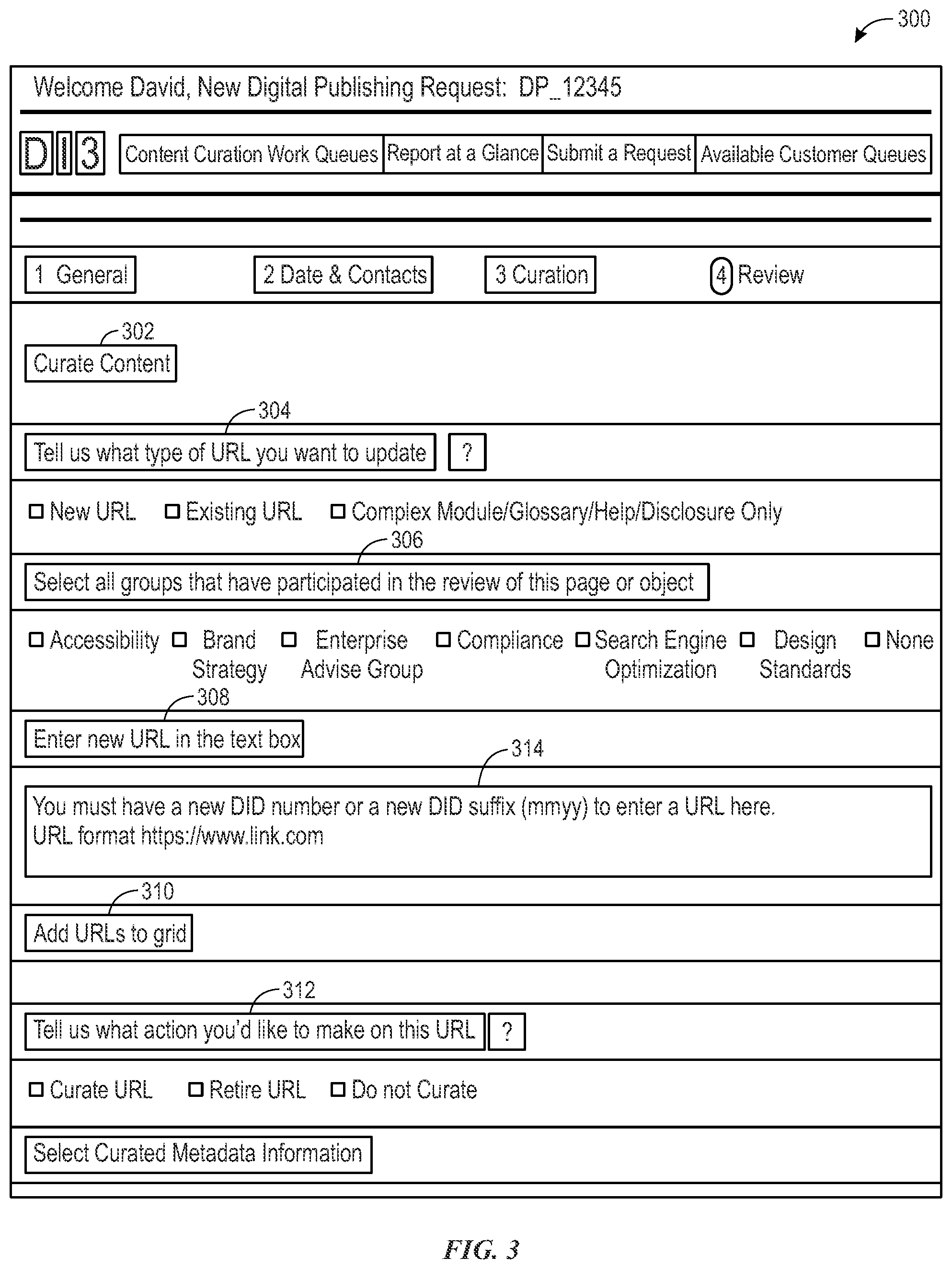 Patent US12332953 Figure 3 – Content curation application and graphical user interface