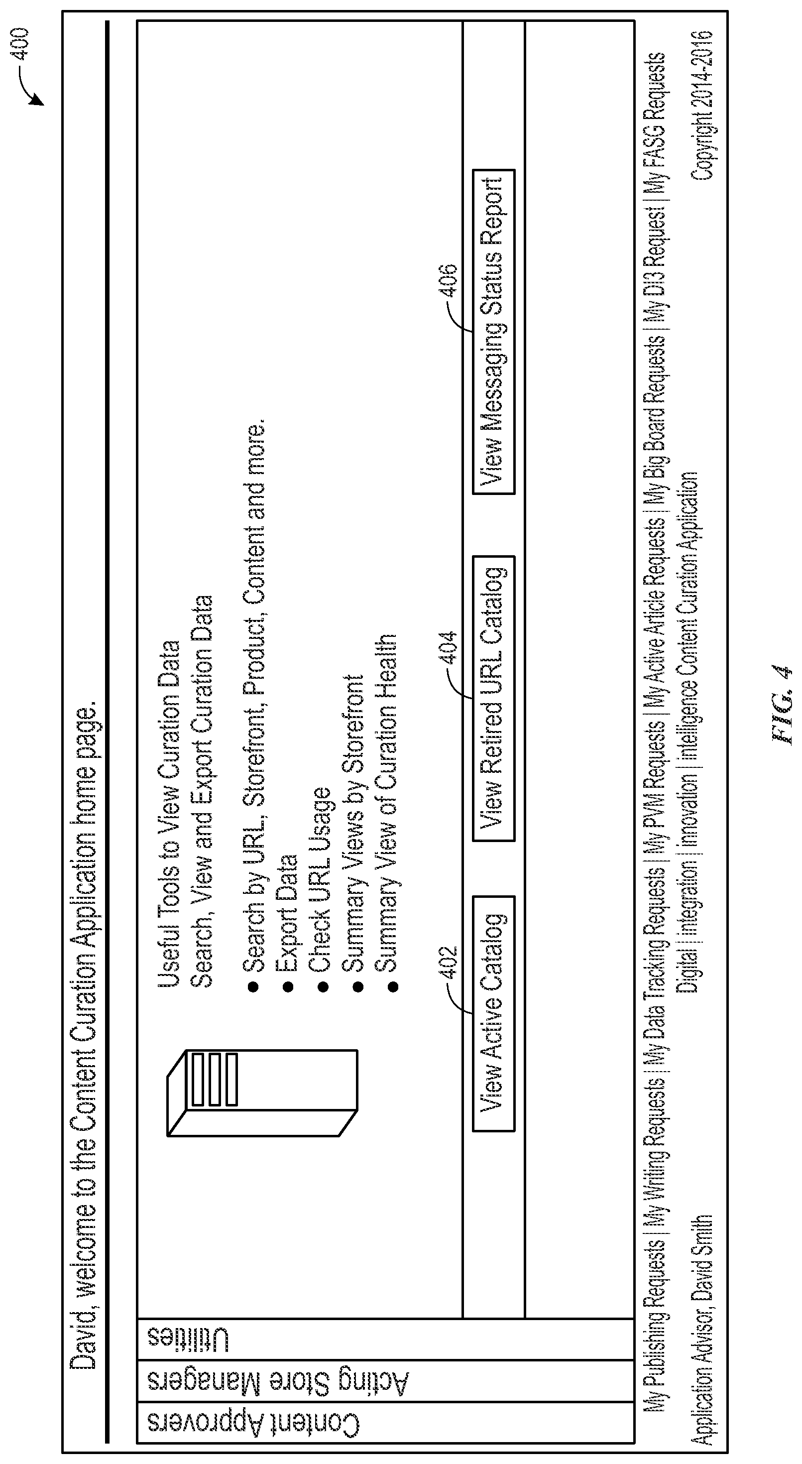 Patent US12332953 Figure 4 – Content curation application and graphical user interface