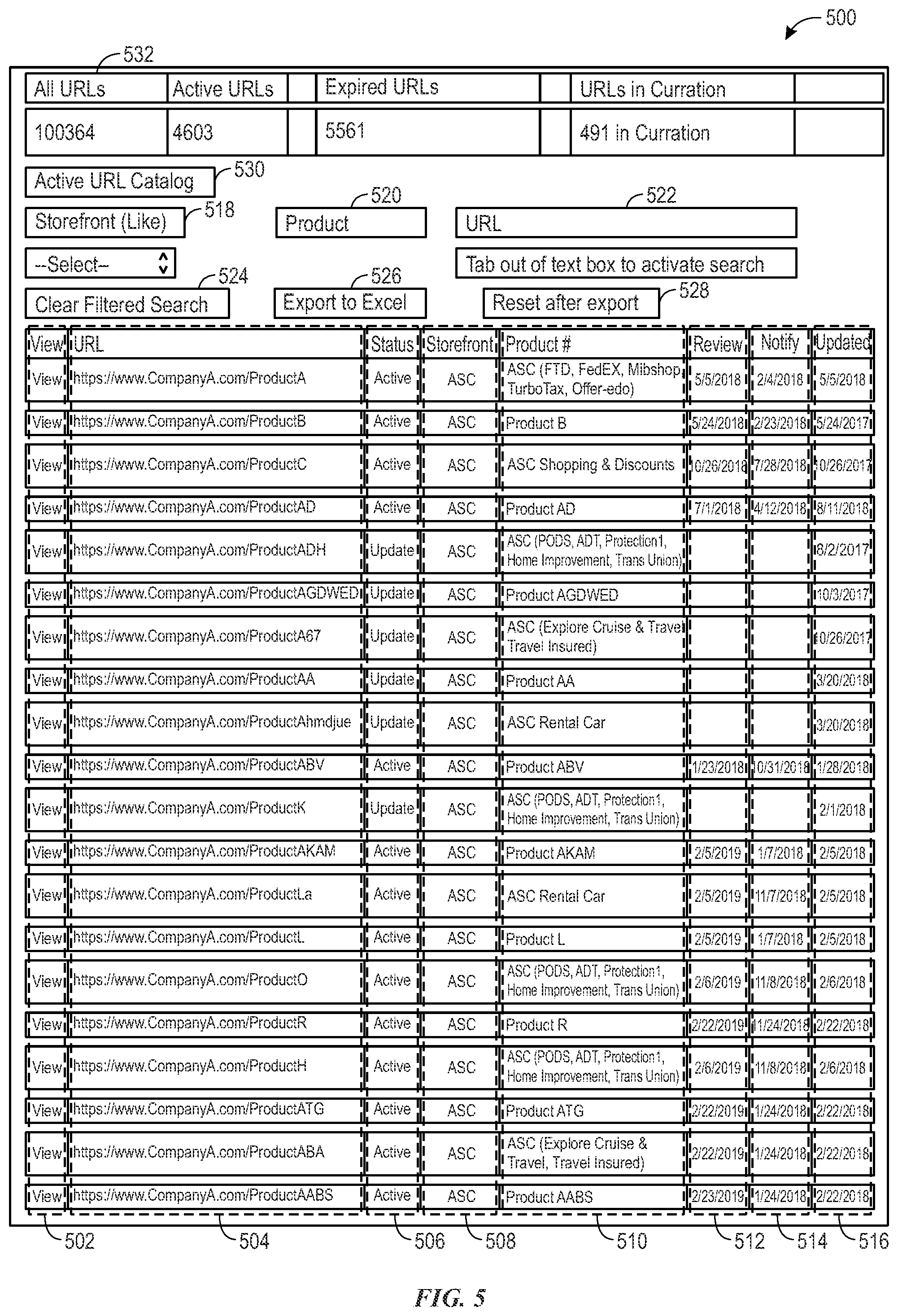 Patent US12332953 Figure 5 – Content curation application and graphical user interface