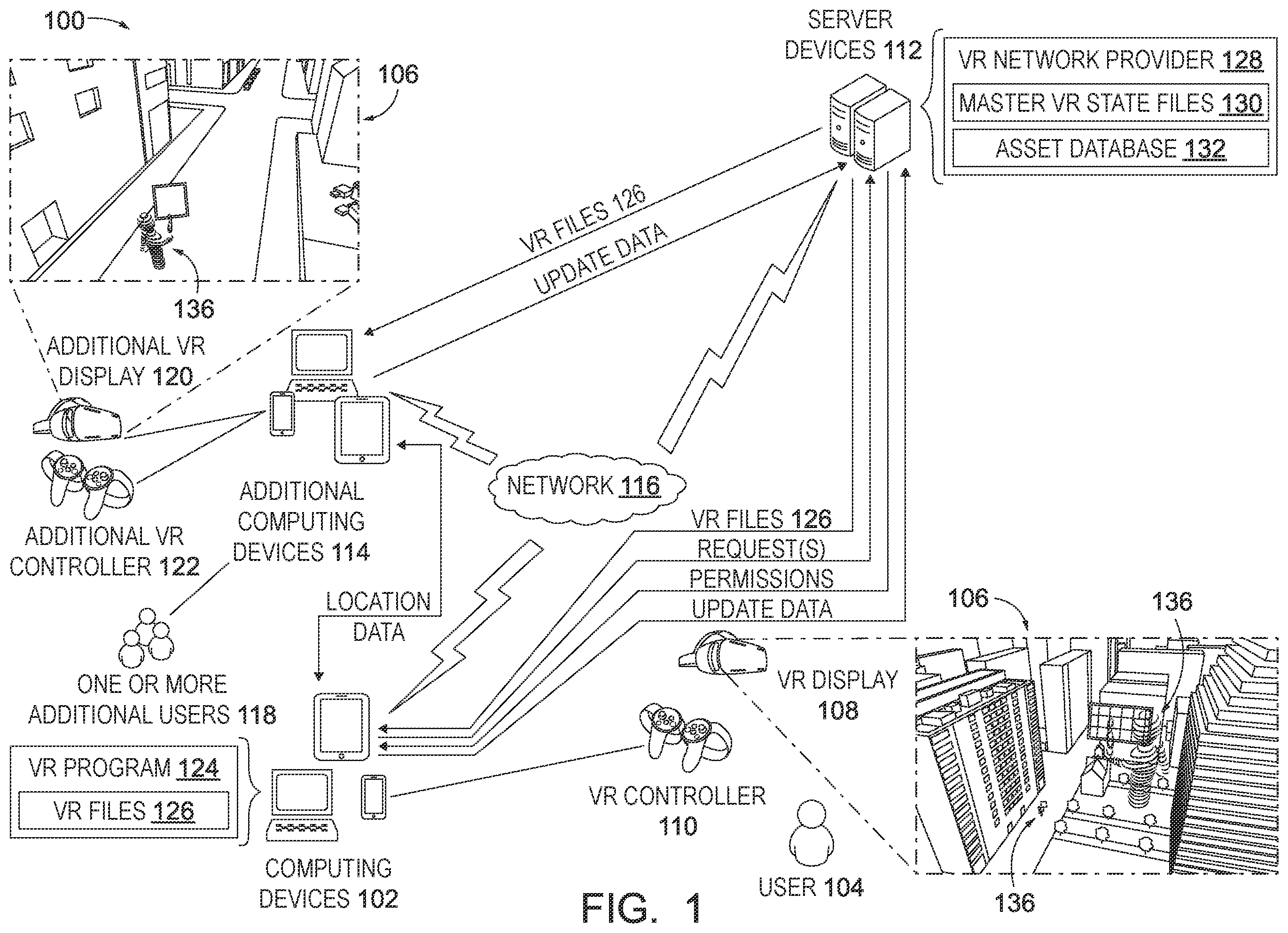 Patent US12333061 Figure 1 – Technological infrastructure for enabling multi-user collaboration in a virtual reality environment