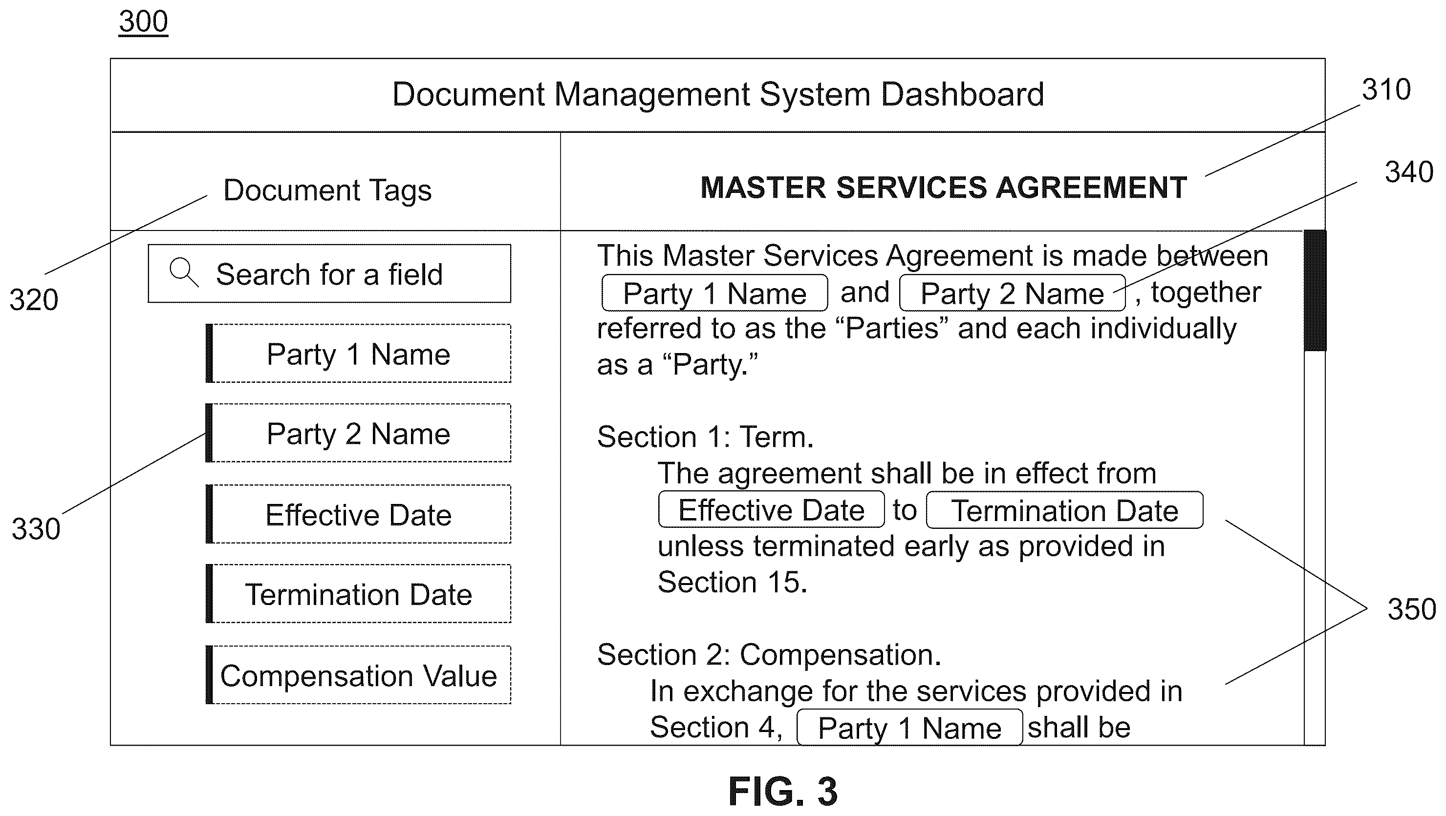 Patent US12333242 Figure 3 – Embedded tag interface for document generation in a document management system