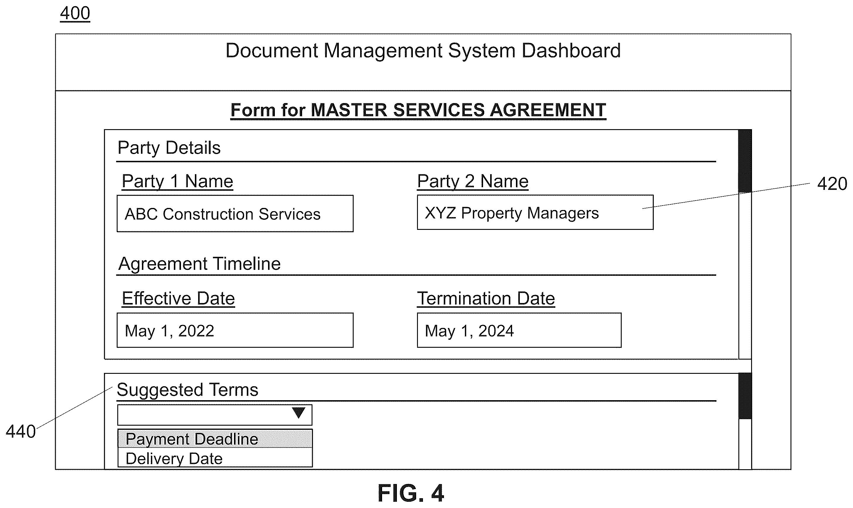 Patent US12333242 Figure 4 – Embedded tag interface for document generation in a document management system