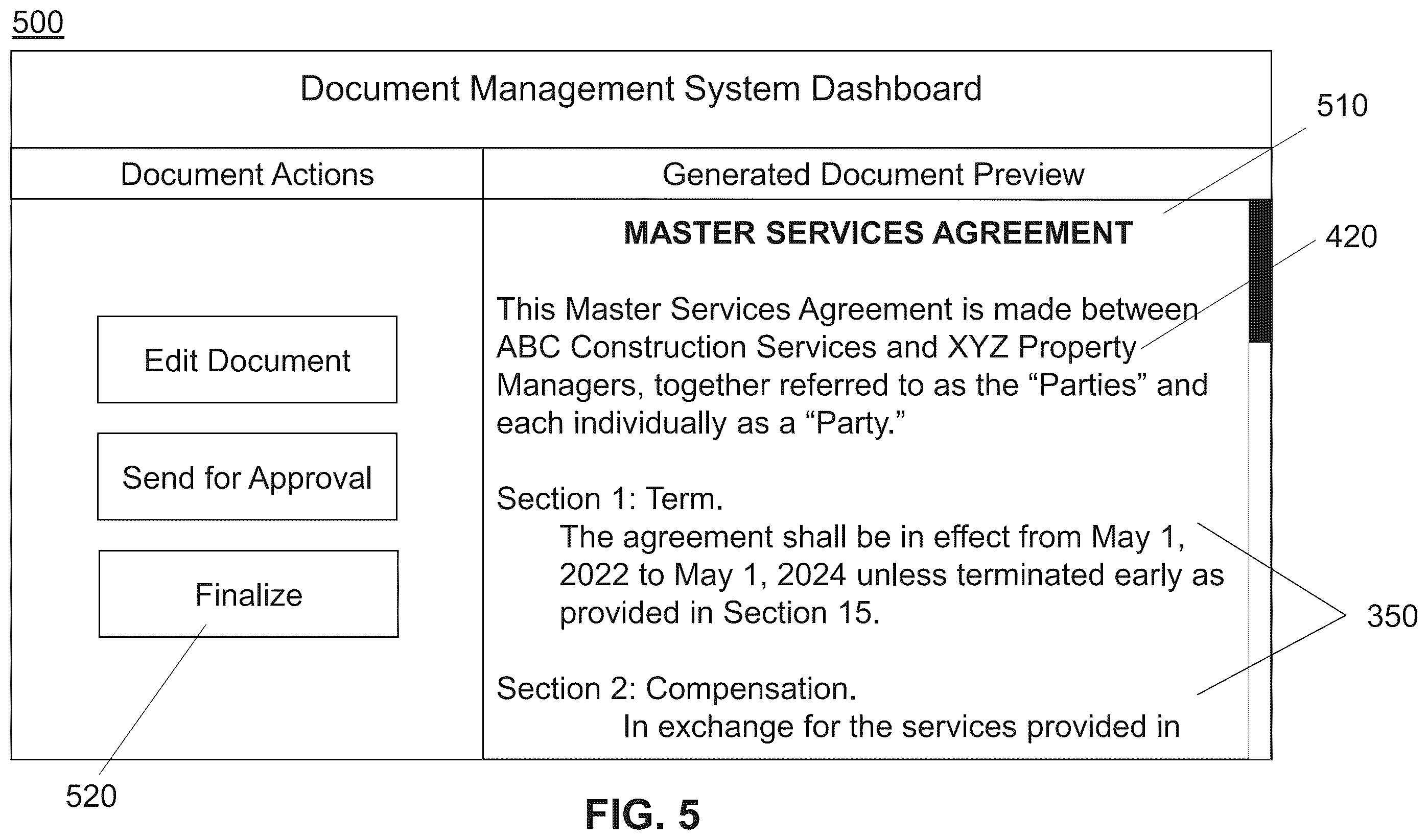 Patent US12333242 Figure 5 – Embedded tag interface for document generation in a document management system