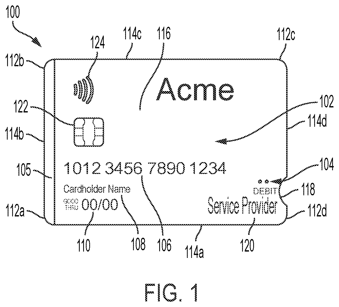 Patent US12333366 Figure 1 – Accessible card with identification embossing