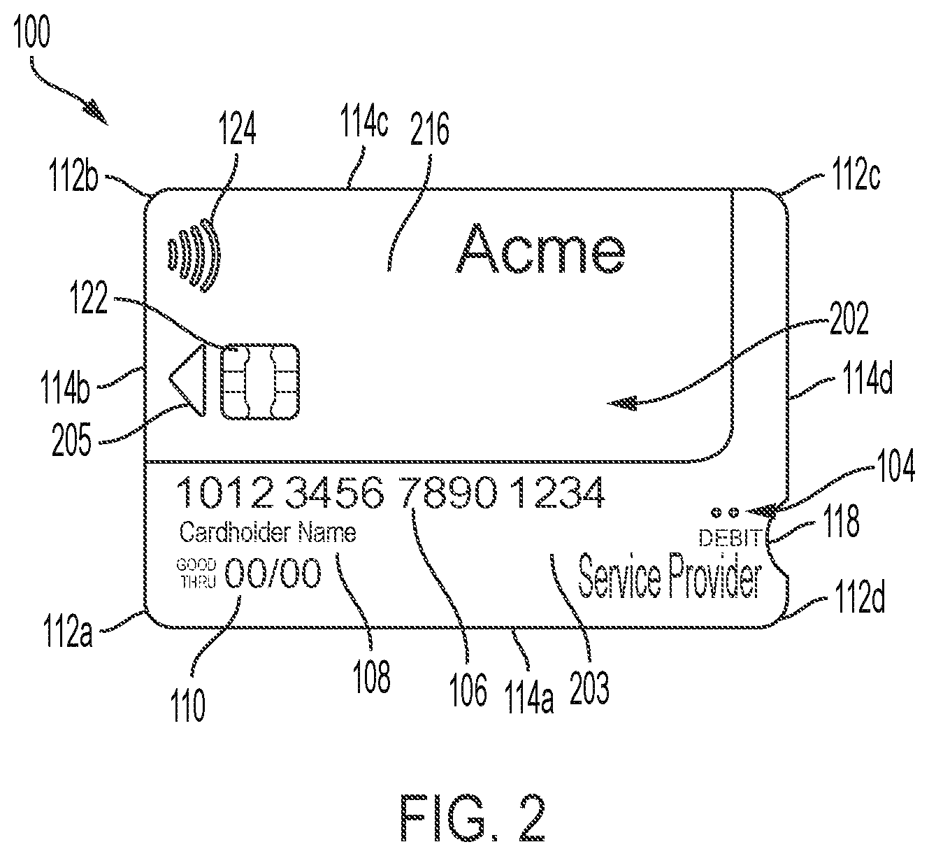 Patent US12333366 Figure 2 – Accessible card with identification embossing