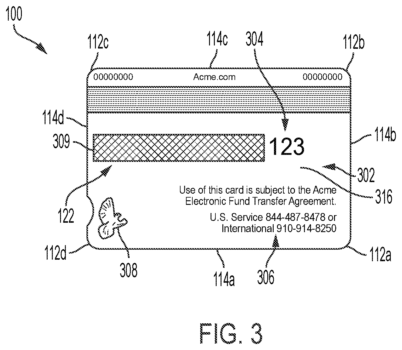 Patent US12333366 Figure 3 – Accessible card with identification embossing