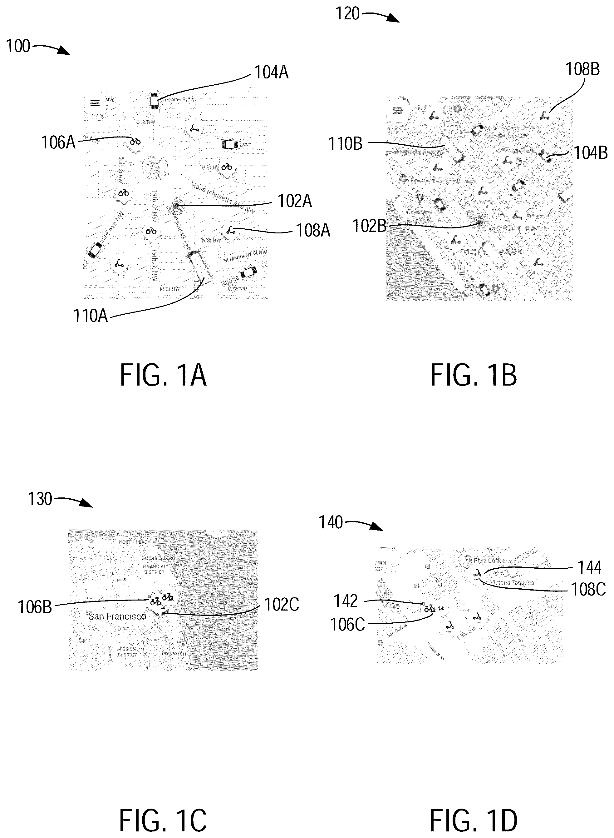 Patent US12333460 Figure 1 – Display of multi-modal vehicle indicators on a map