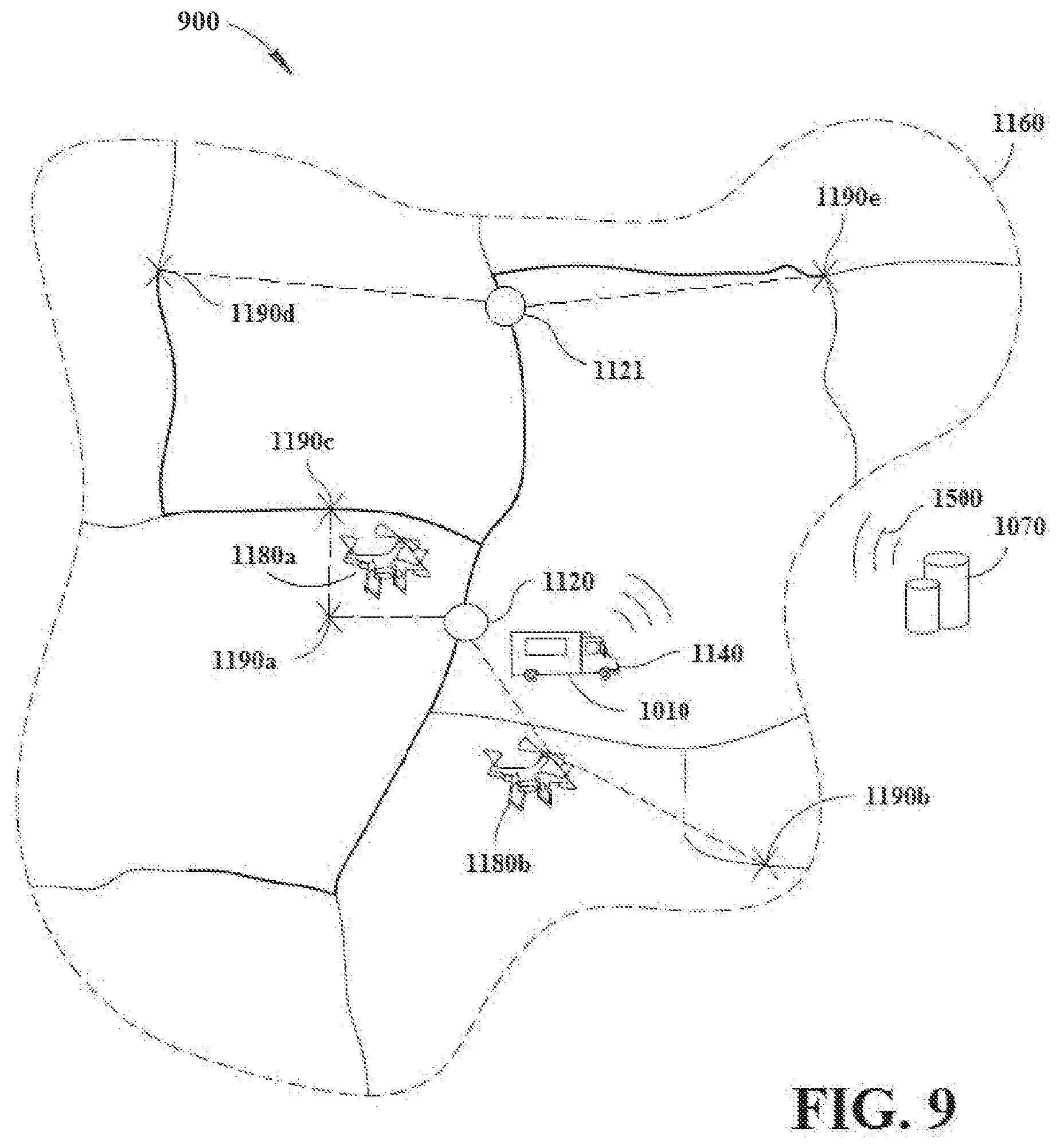 Patent US12333477 Figure 11 – Delivery of food items by aerial or ground drones to and from delivery vehicles