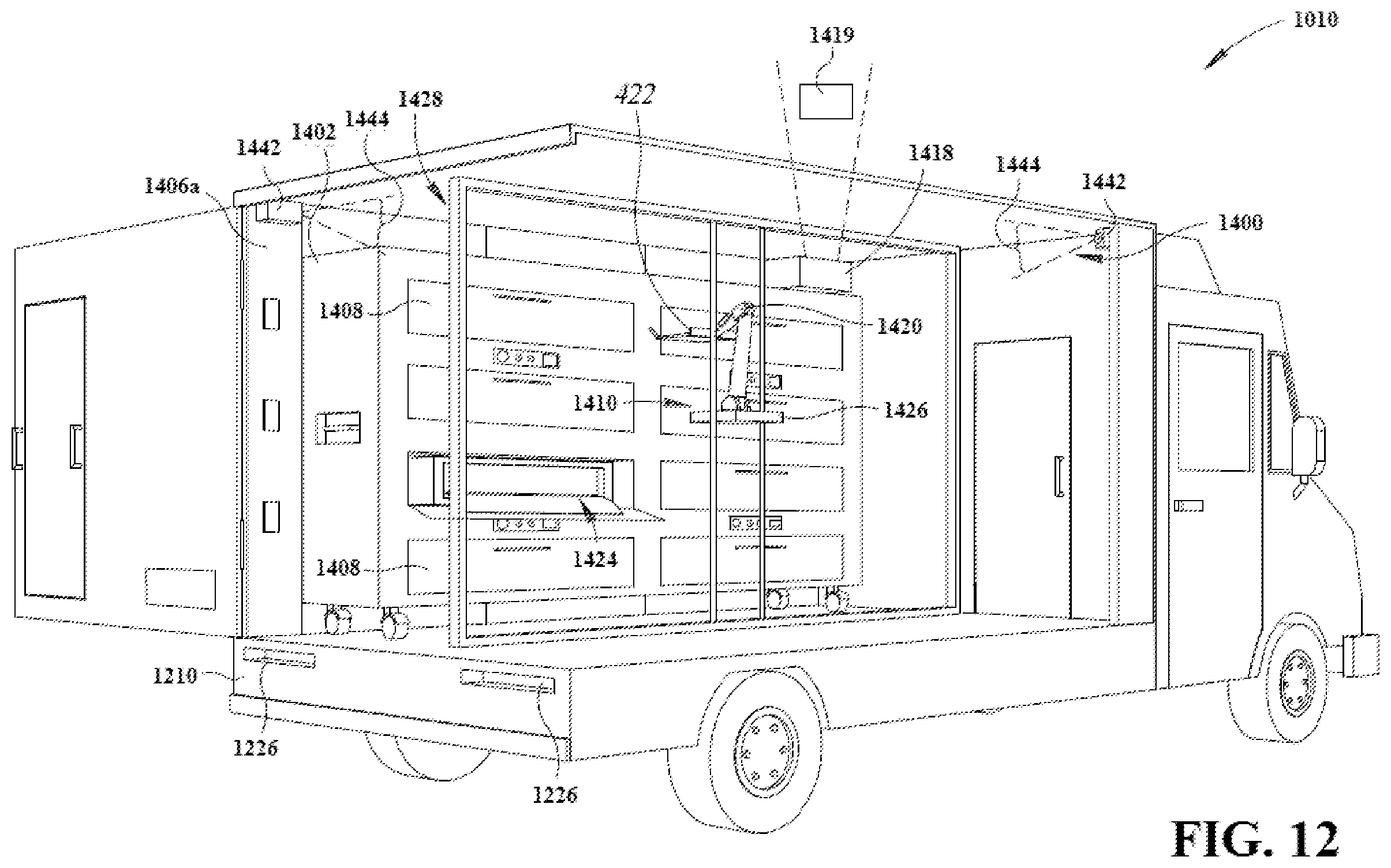 Patent US12333477 Figure 15 – Delivery of food items by aerial or ground drones to and from delivery vehicles