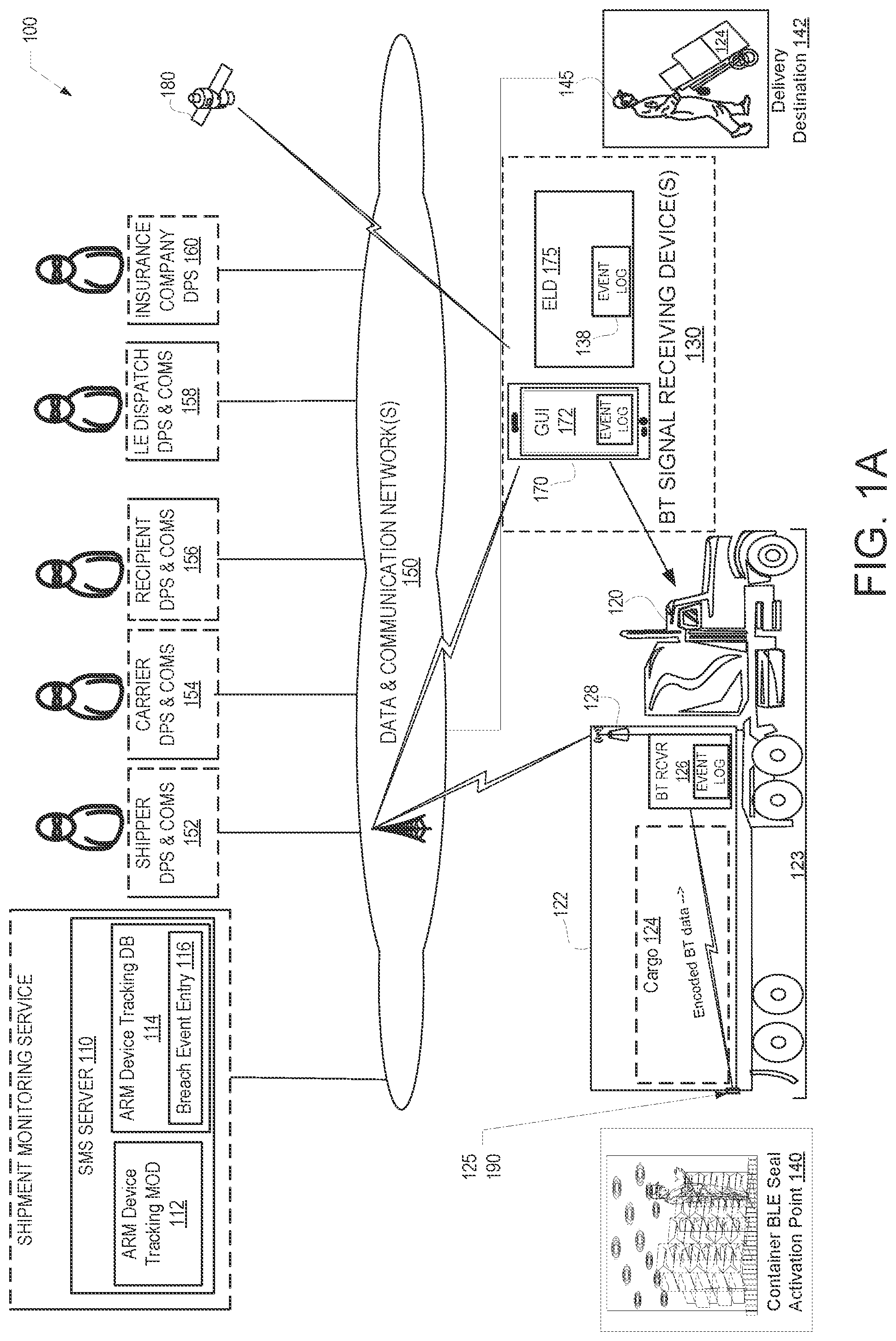 Patent US12333479 Figure 1 – Shipment tracking system providing monitoring of access to a closed shipping container or cargo space utilizing locally-deployed access reporting and monitoring devices