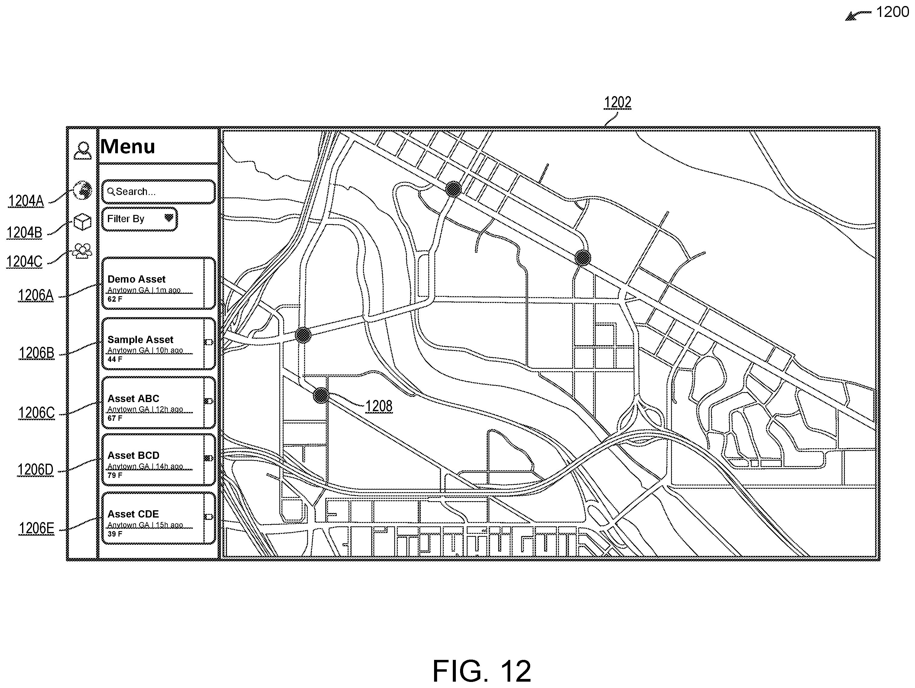 Patent US12333495 Figure 12 – Asset-centric activity feed integrating user interaction data with asset event data