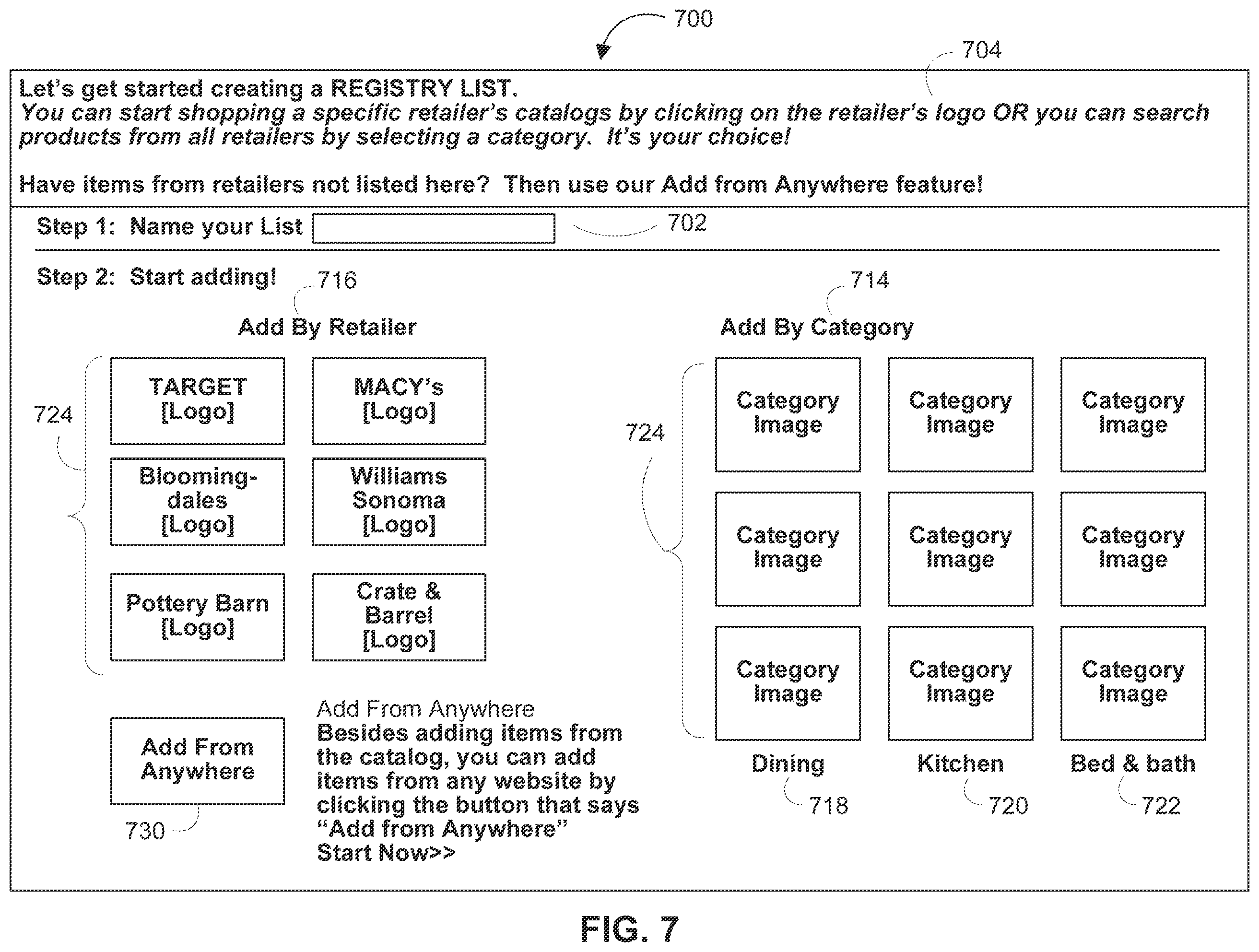 Patent US12333586 Figure 8 – Systems and methods for a centralized gift registry with automatic retailer-specific registry creation