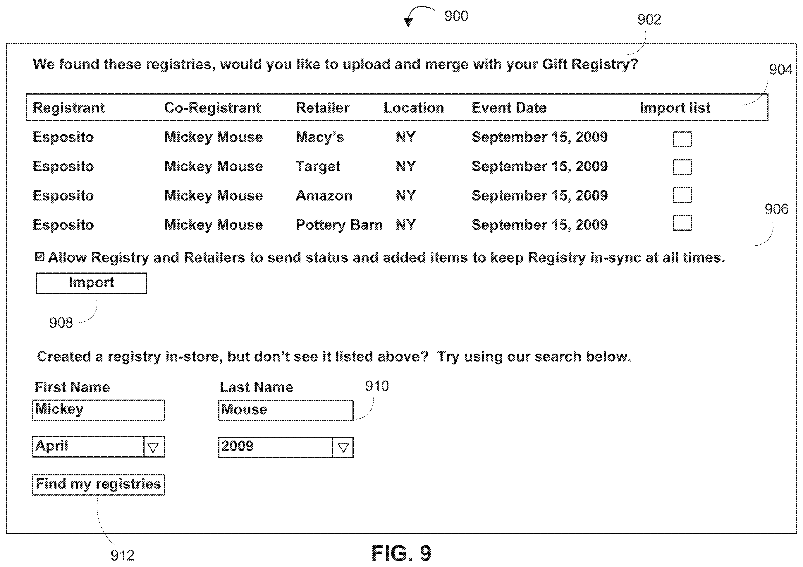 Patent US12333586 Figure 10 – Systems and methods for a centralized gift registry with automatic retailer-specific registry creation