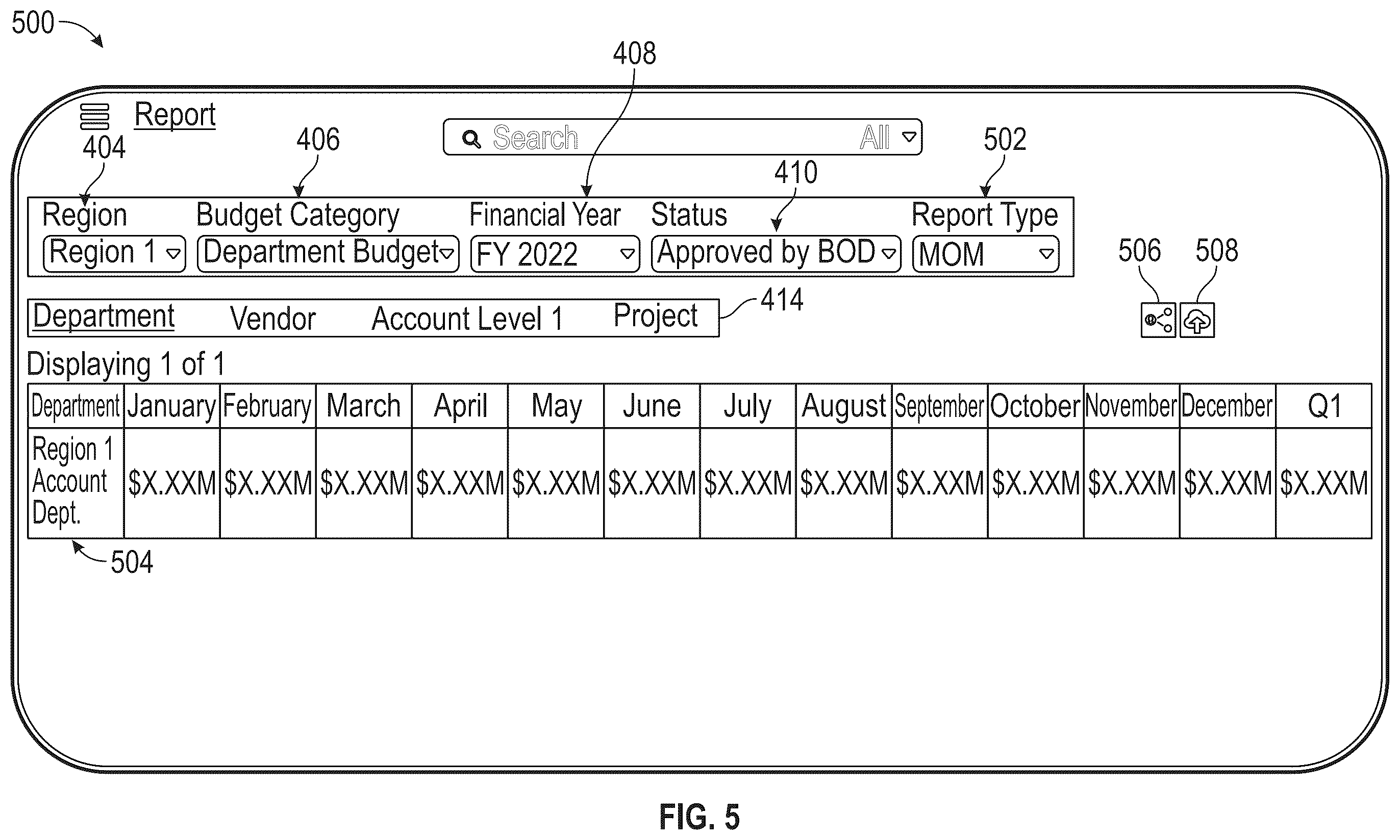 Patent US12333606 Figure 5 – Centralized budget dashboard and reporting system and method