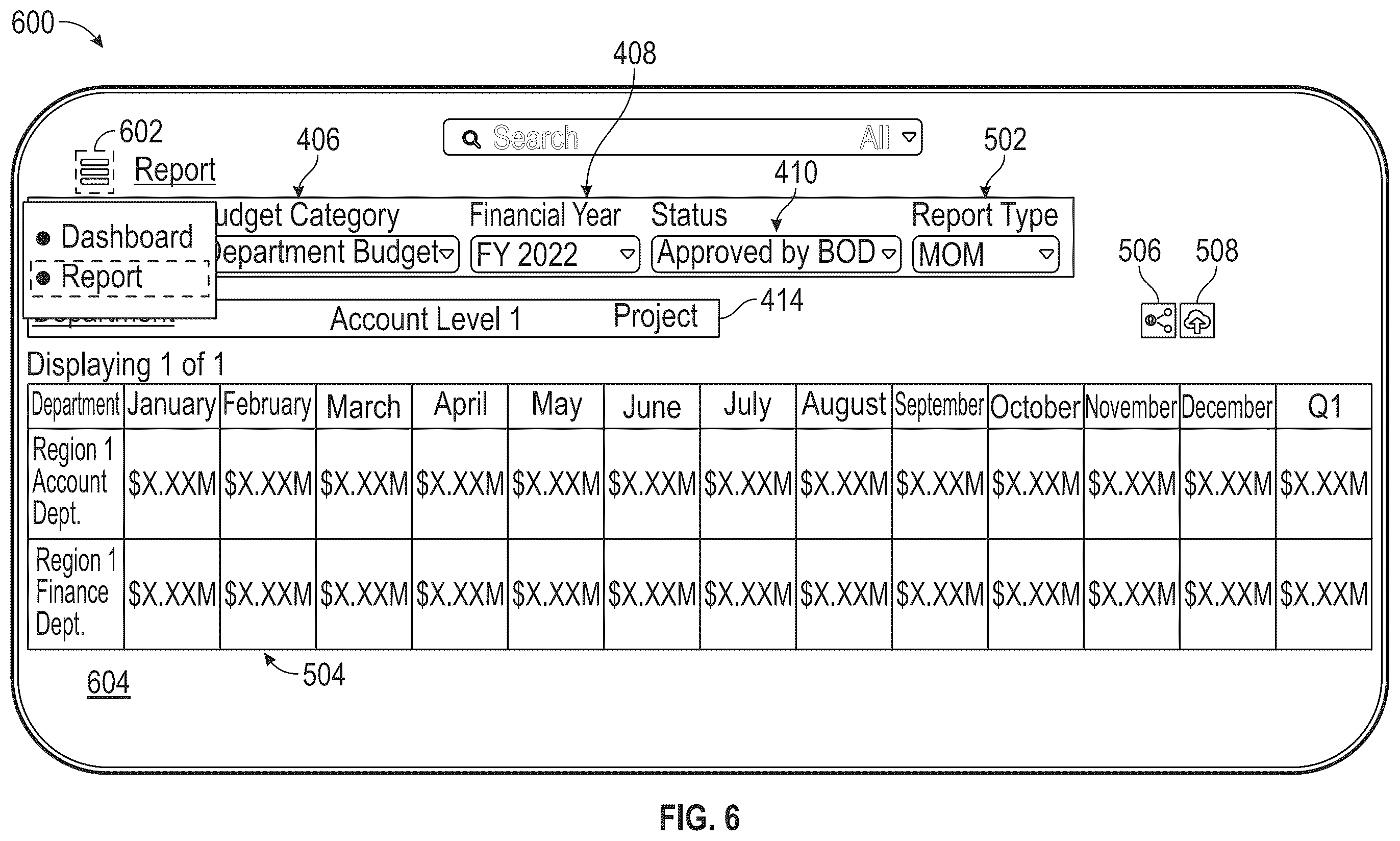 Patent US12333606 Figure 6 – Centralized budget dashboard and reporting system and method