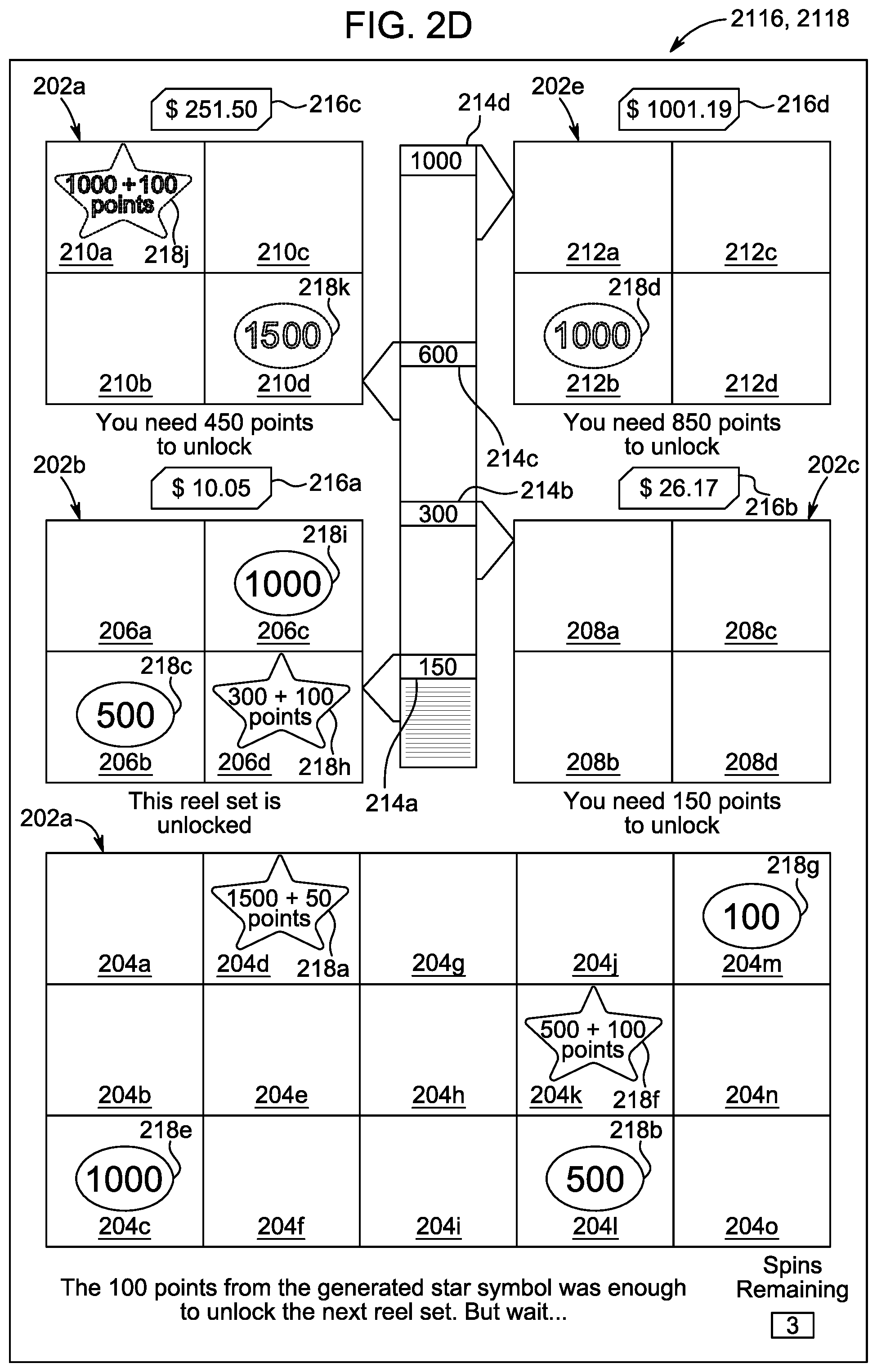 Patent US12333891 Figure 5 – Accumulating points to activate reel sets and symbols for awards