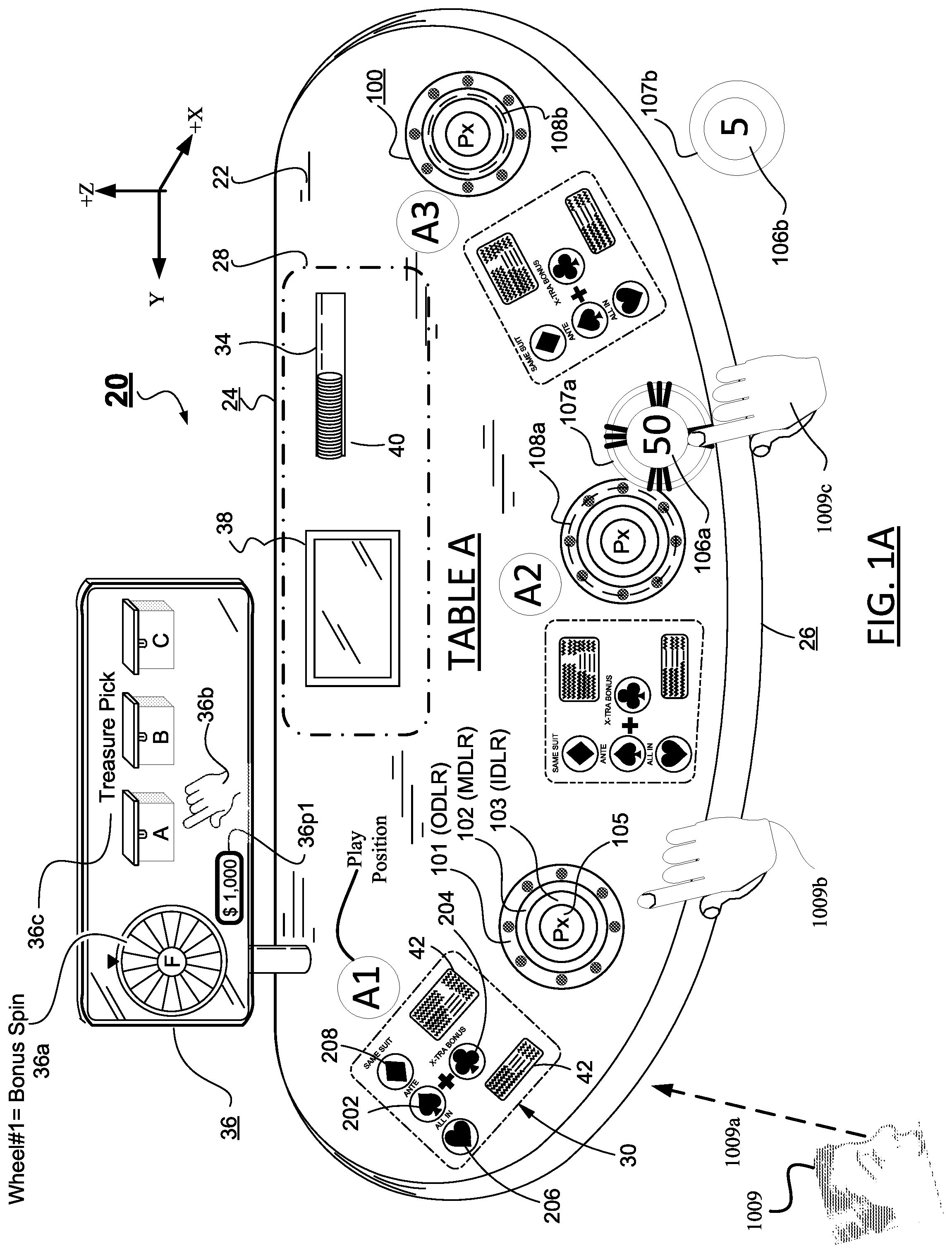 Patent US12333893 Figure 1 – Gaming system with pre-calibrated sensor for detecting chip and finger placement