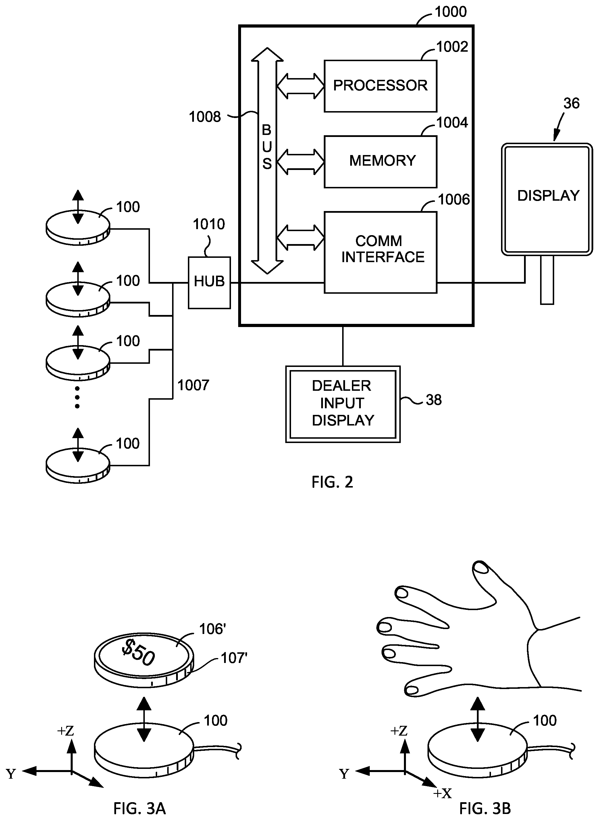 Patent US12333893 Figure 7 – Gaming system with pre-calibrated sensor for detecting chip and finger placement