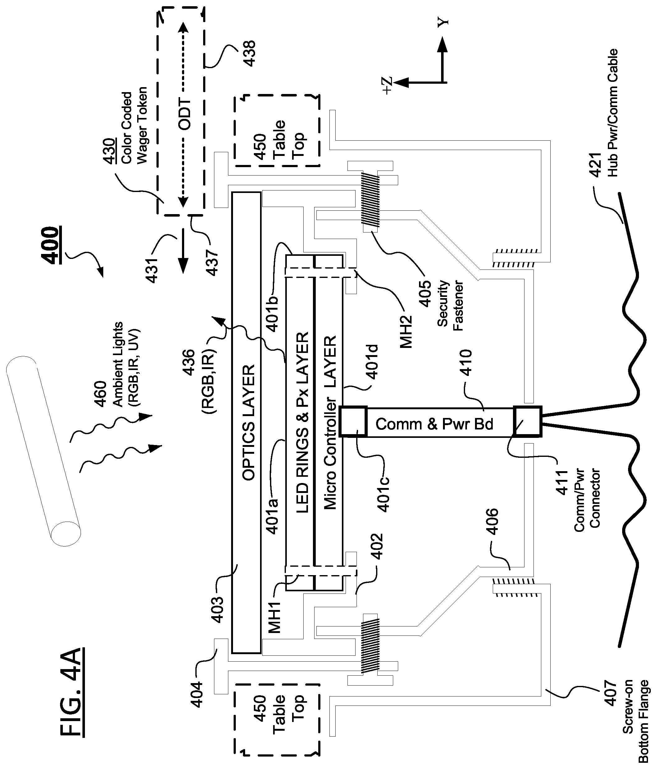 Patent US12333893 Figure 8 – Gaming system with pre-calibrated sensor for detecting chip and finger placement