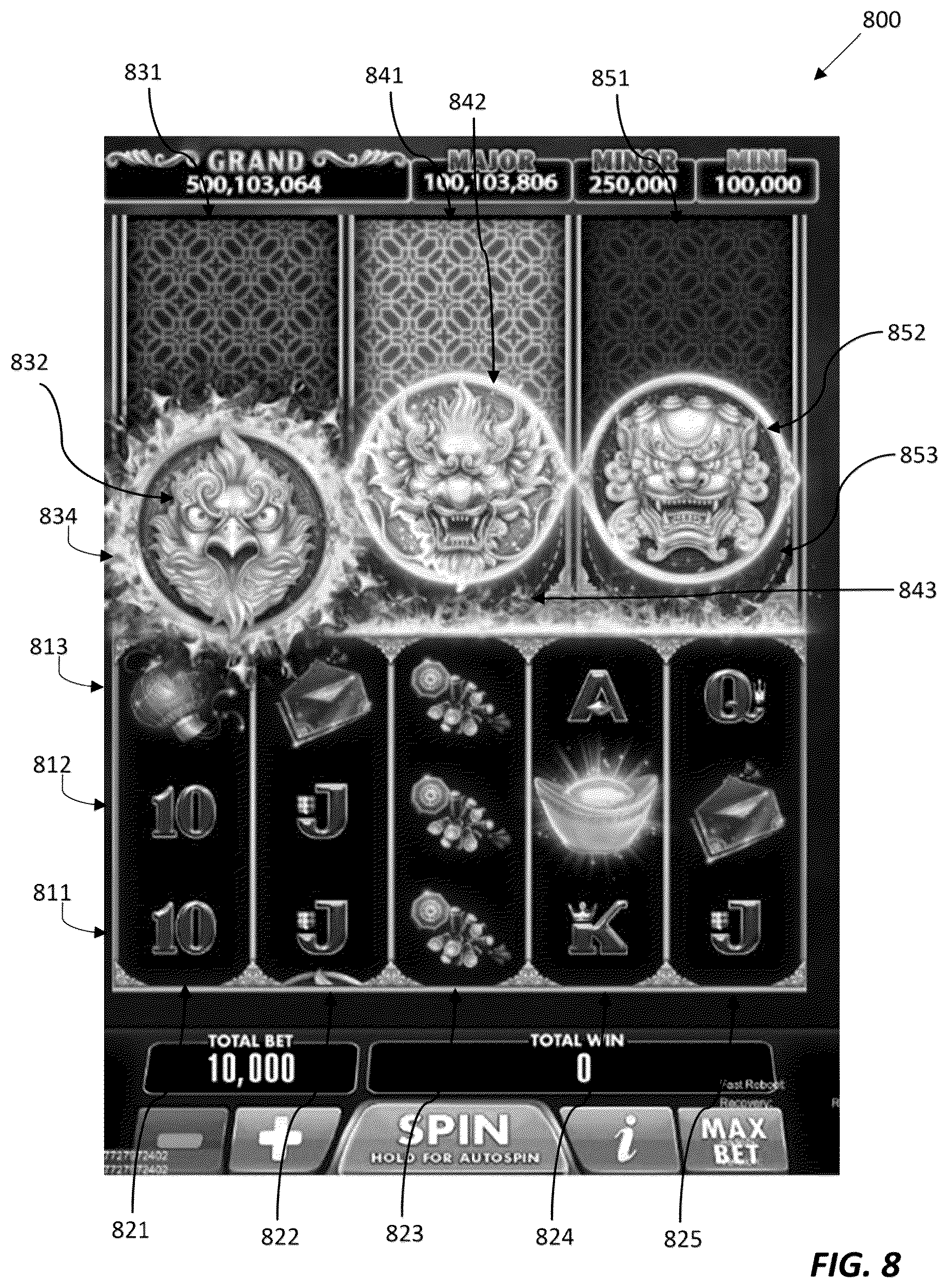 Patent US12333908 Figure 8 – Electronic gaming device and system with random multiple trigger symbol mechanisms for a series of game sequences