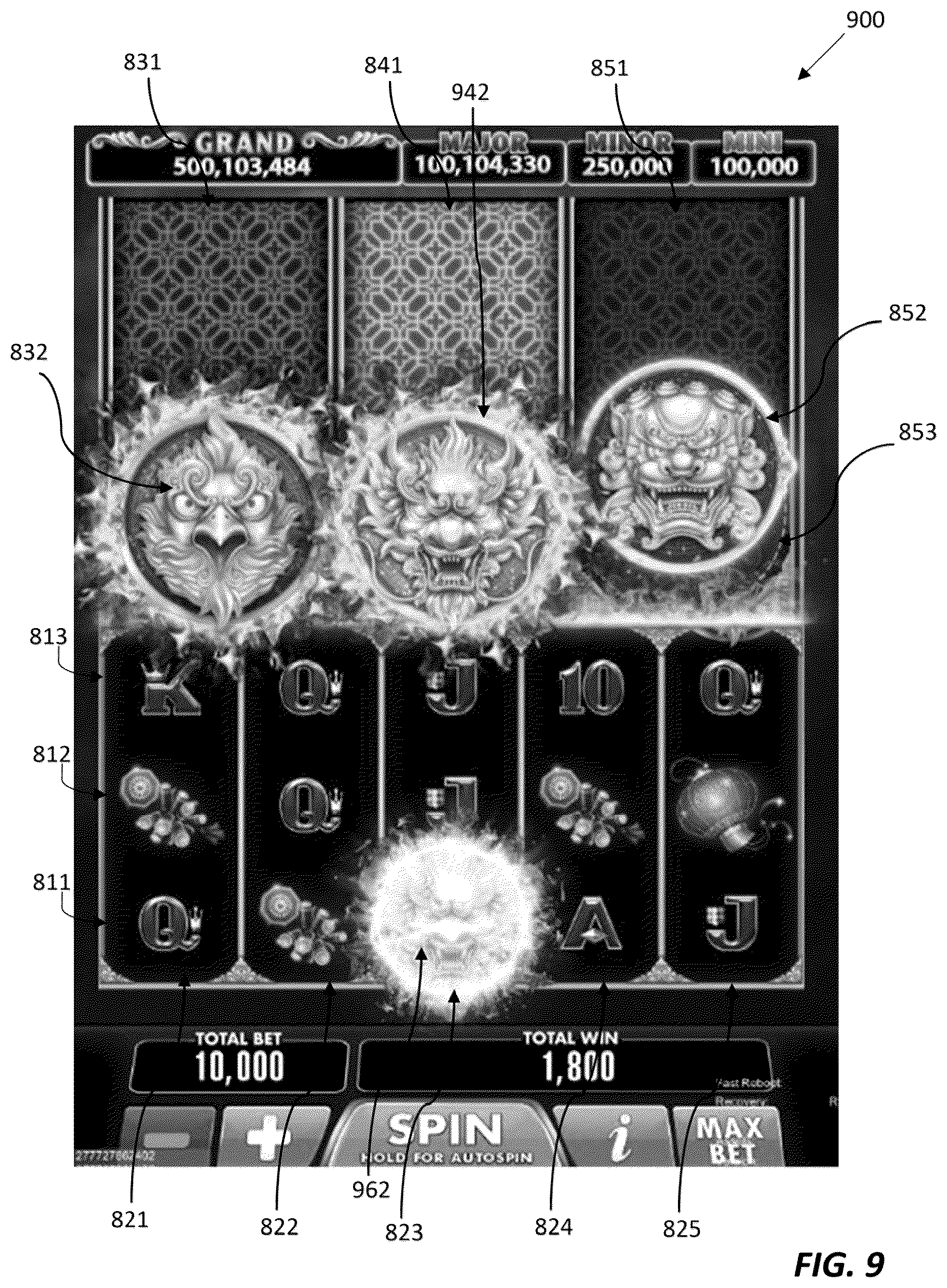 Patent US12333908 Figure 9 – Electronic gaming device and system with random multiple trigger symbol mechanisms for a series of game sequences