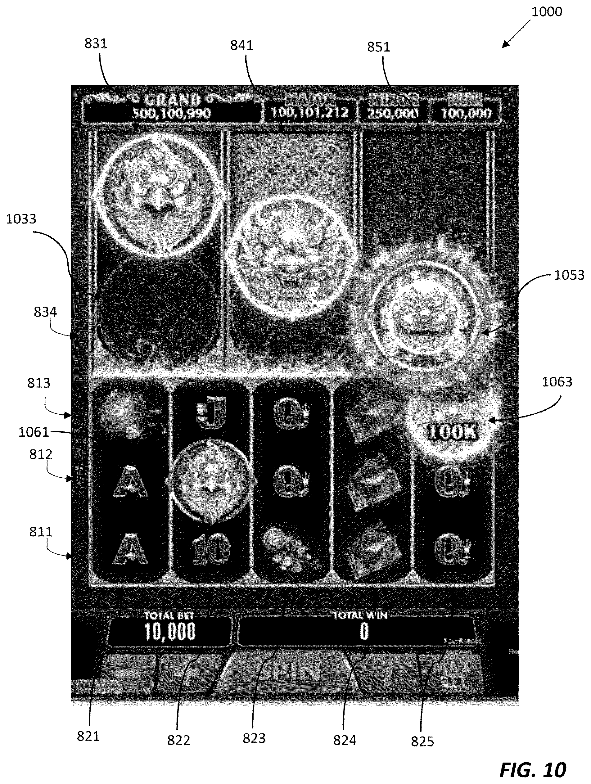 Patent US12333908 Figure 10 – Electronic gaming device and system with random multiple trigger symbol mechanisms for a series of game sequences