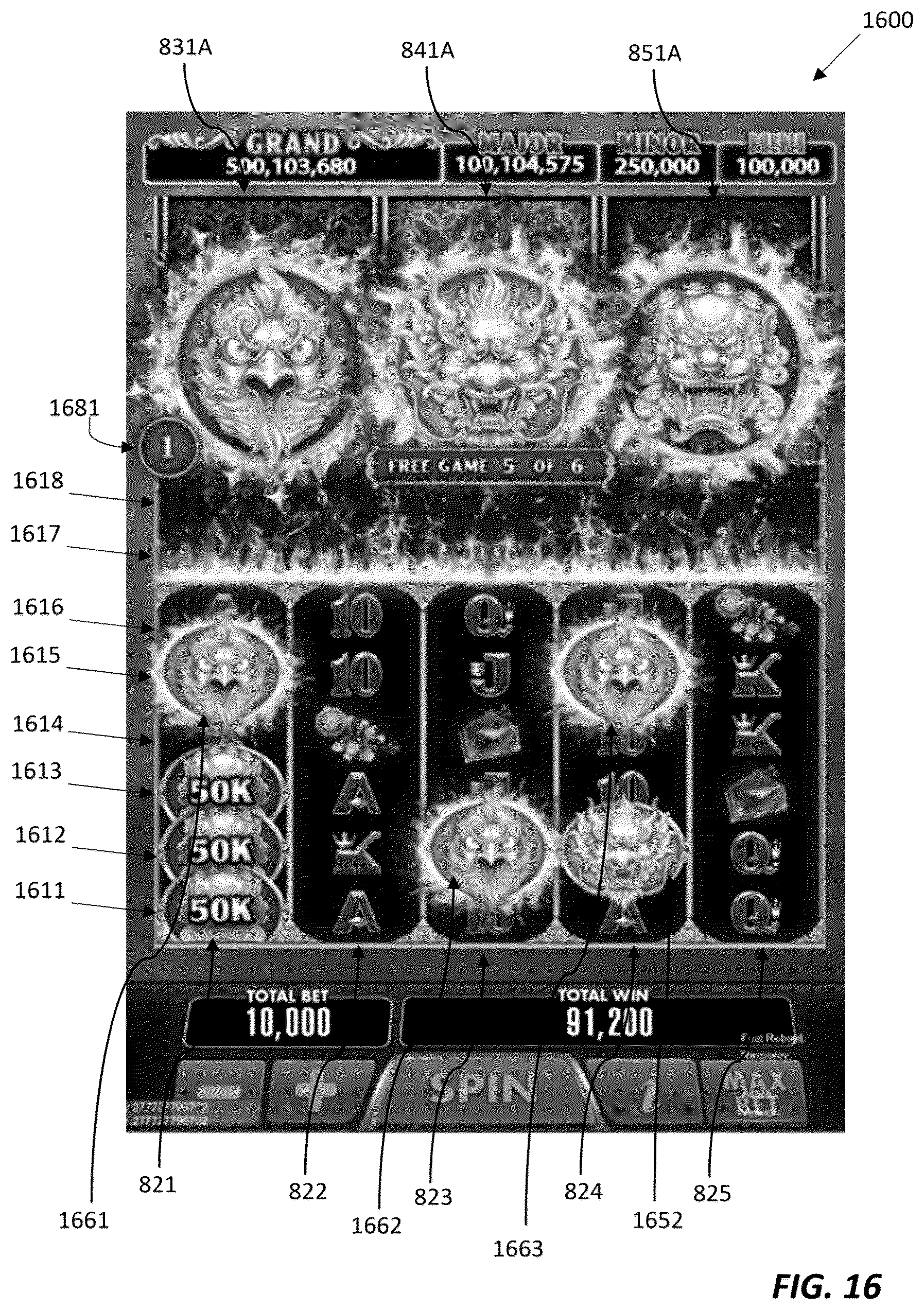 Patent US12333908 Figure 16 – Electronic gaming device and system with random multiple trigger symbol mechanisms for a series of game sequences