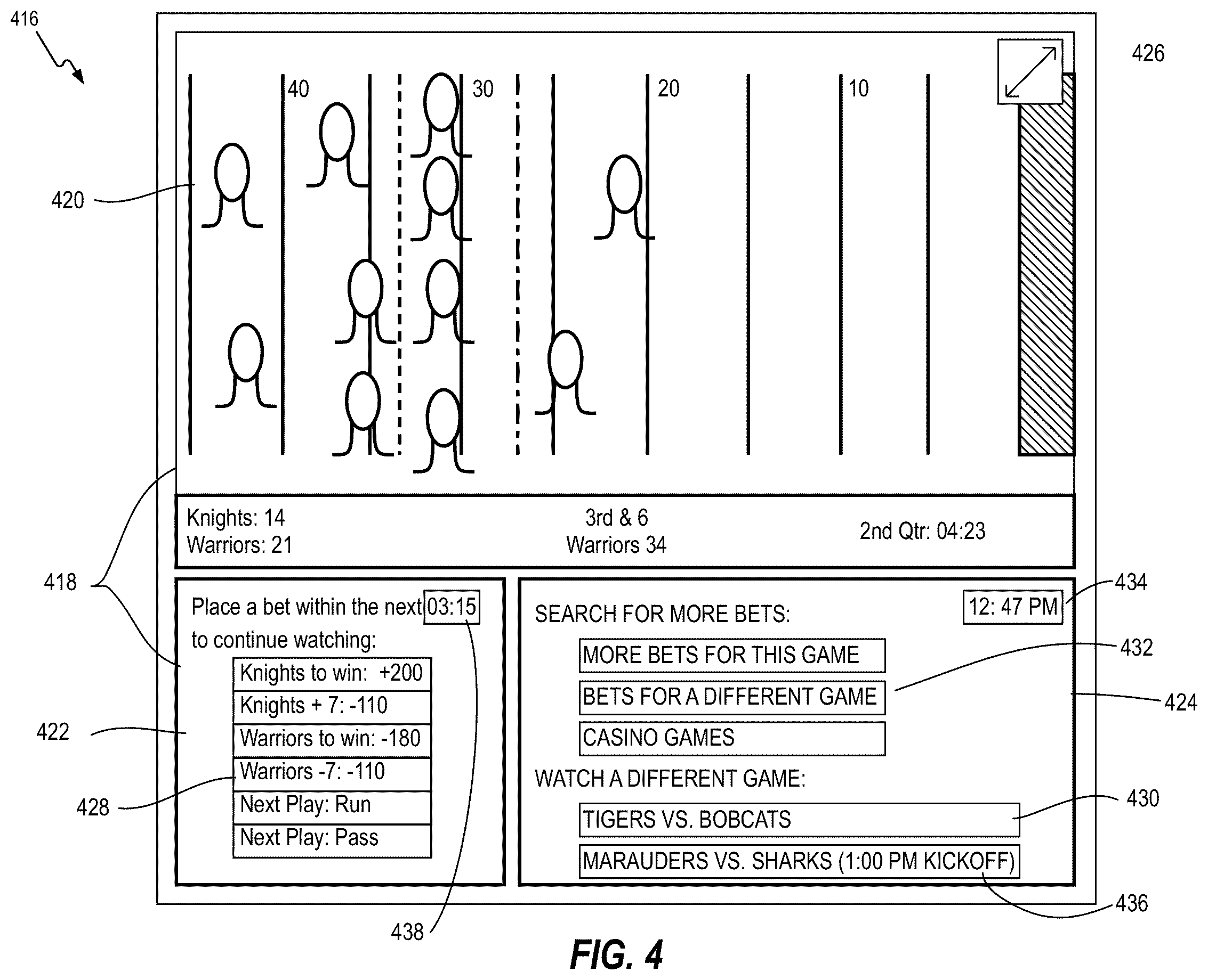 Patent US12333911 Figure 4 – Providing live sporting event video at gaming devices