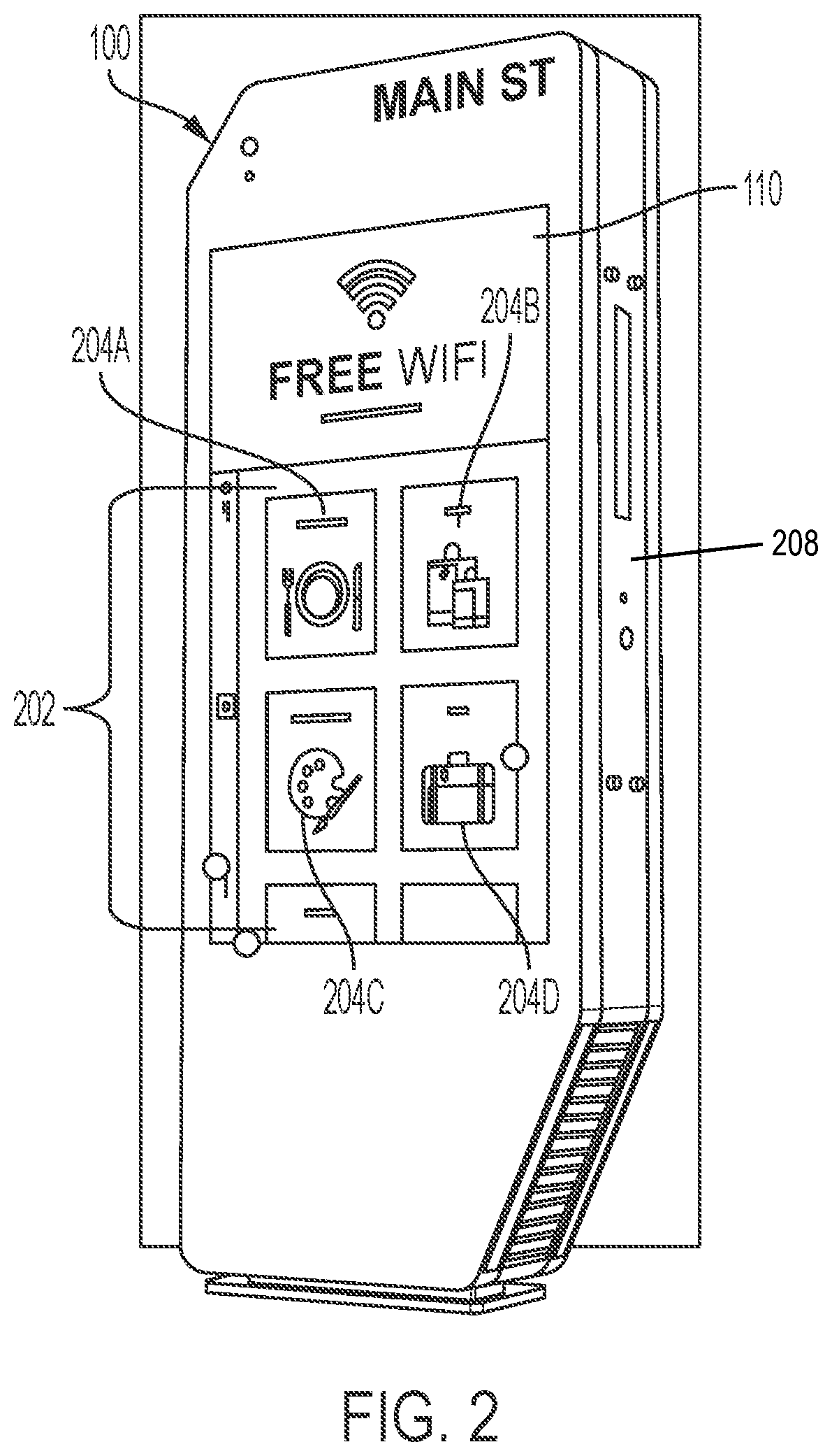 Patent US12333924 Figure 2 – Interactive kiosk with emergency call module
