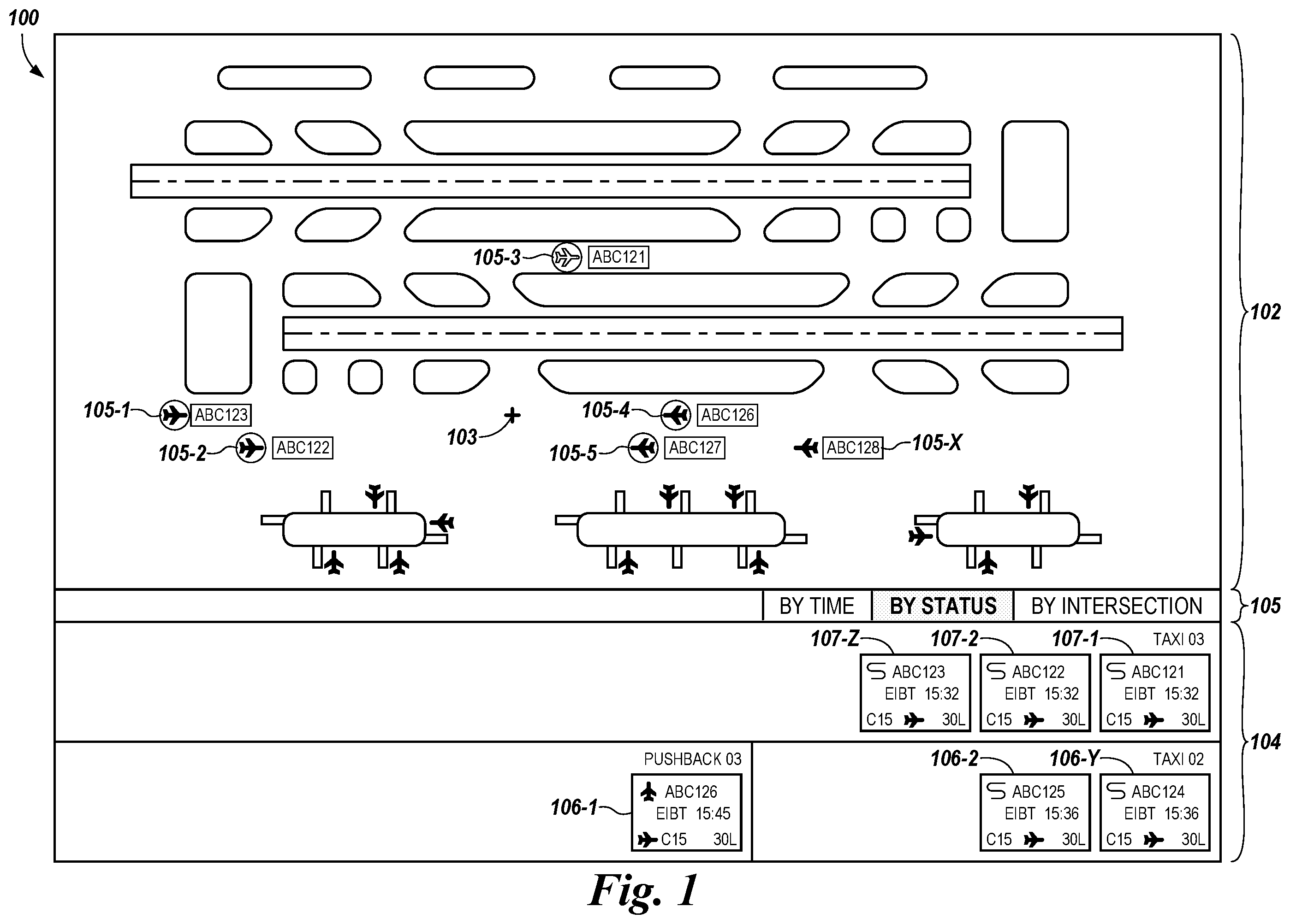 Patent US12333955 Figure 1 – Ground traffic aircraft management