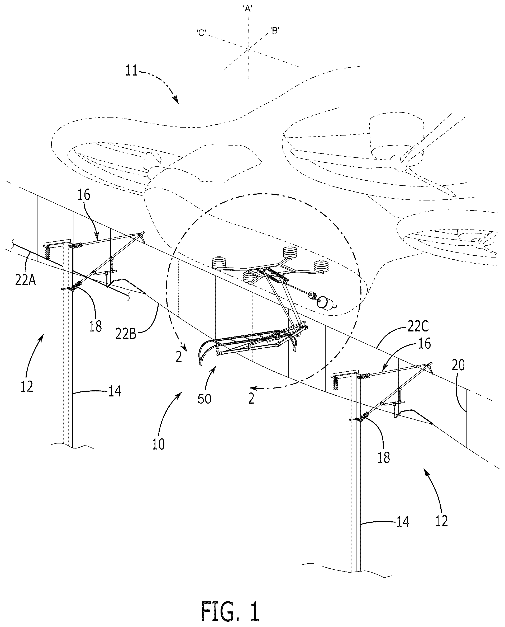 Patent US12338010 Figure 1 – System for electrically powered aerial platforms to draw power from ground-based stations