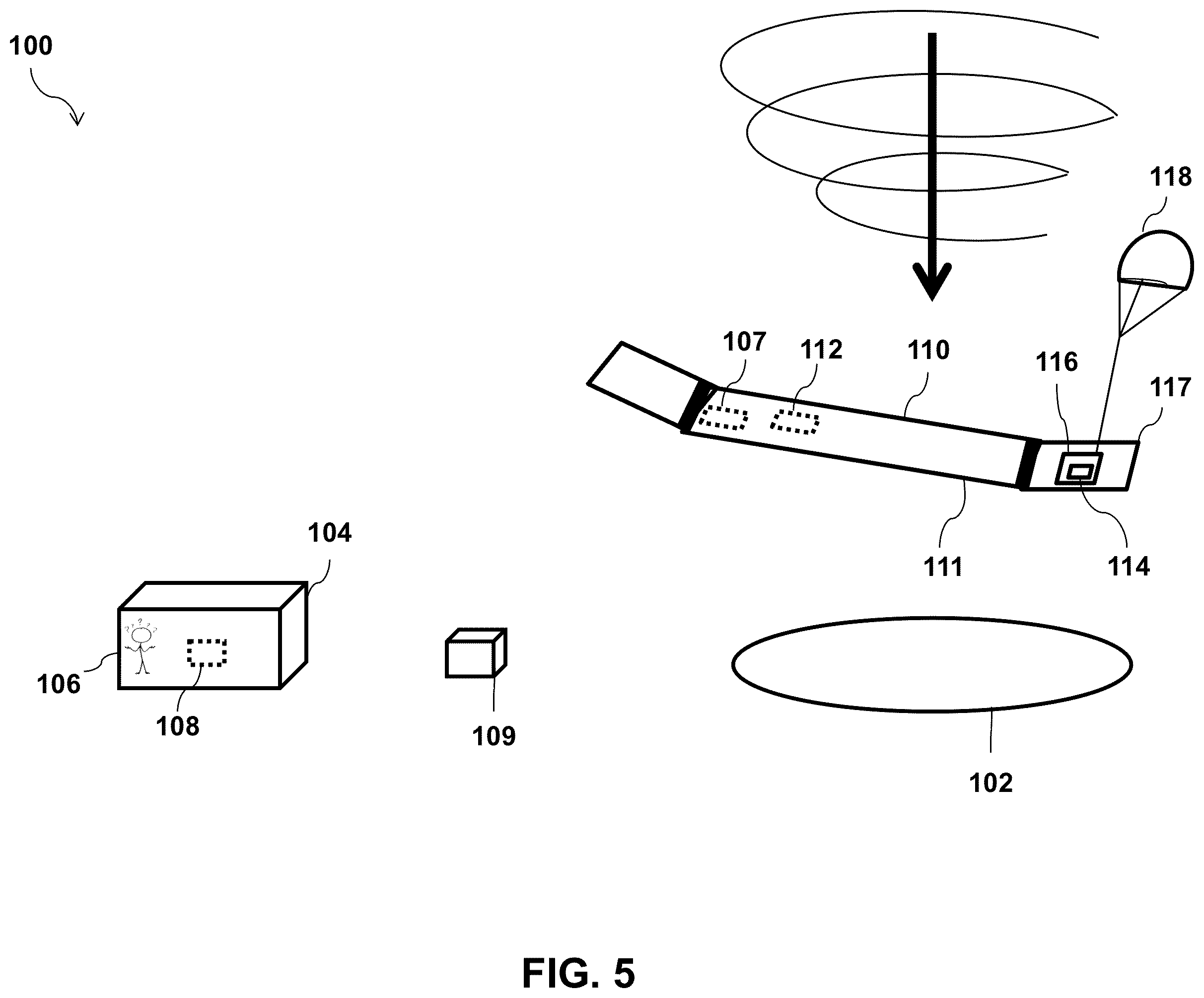 Patent US12338014 Figure 5 – Off-center parachute flight termination system including latch mechanism disconnectable by burn wire