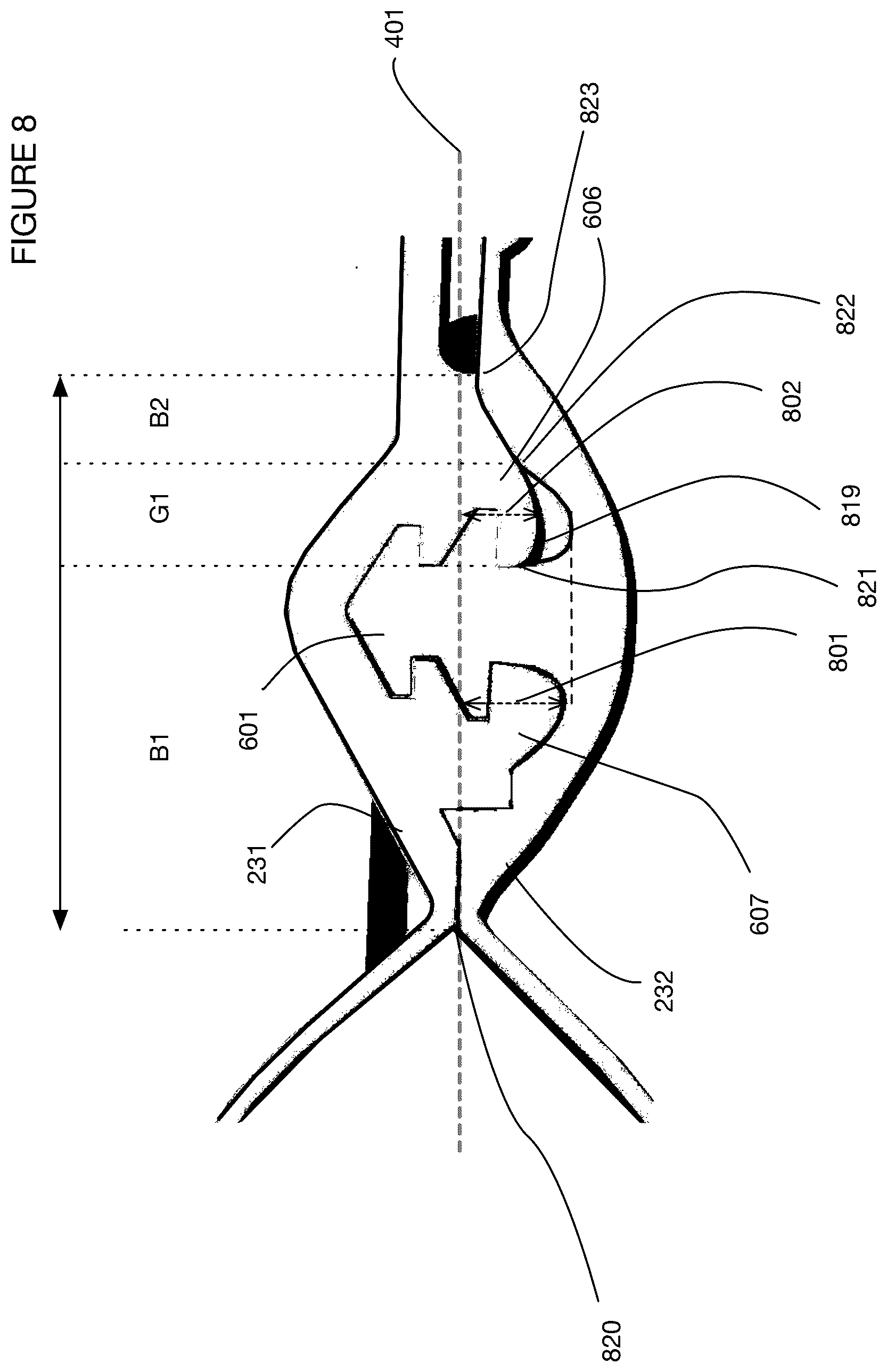 Patent US12338027 Figure 8 – Elastomeric container with integrated leak resistant seal and pressure shield