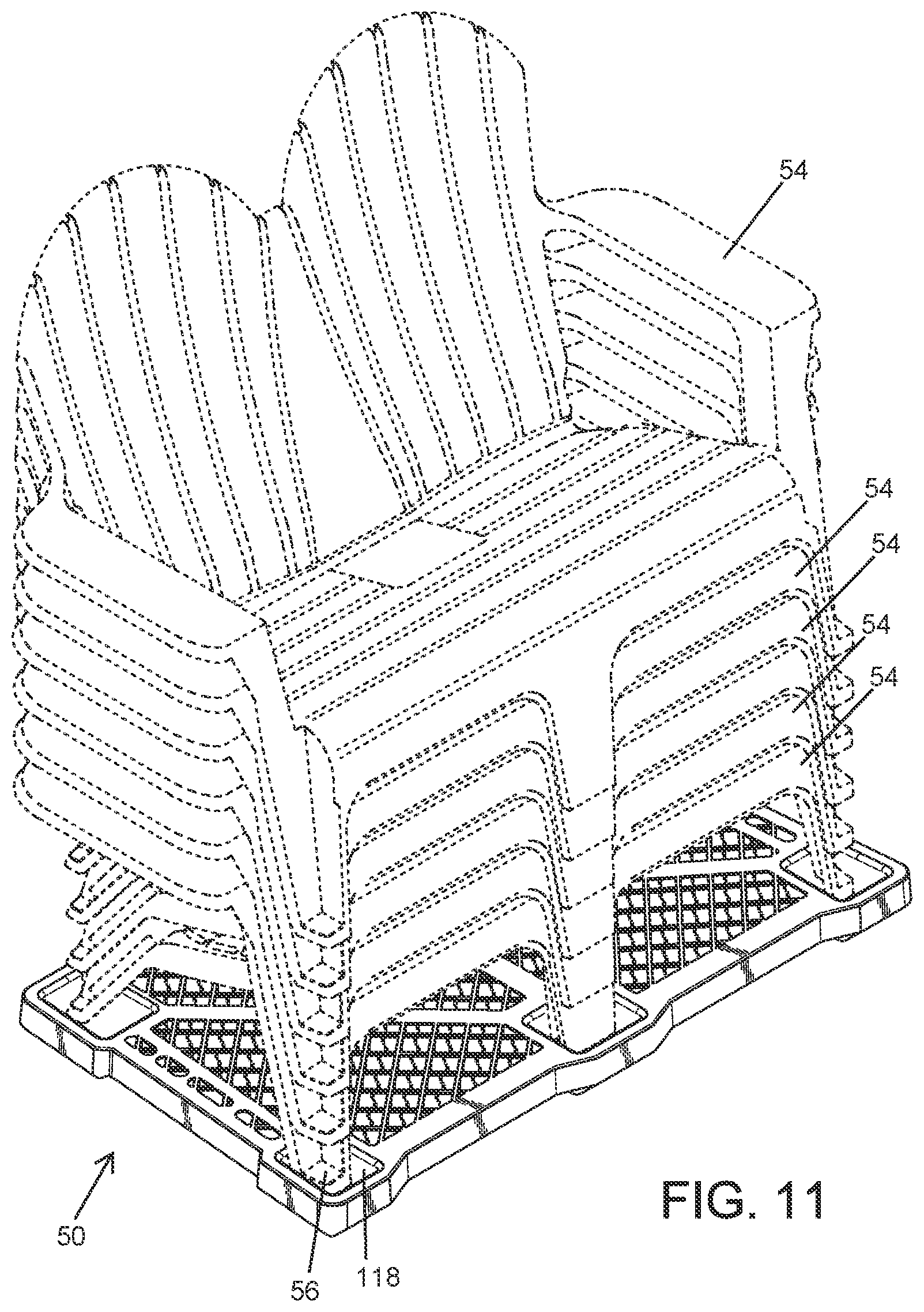 Patent US12338028 Figure 6 – Shipping tray for bench system and method