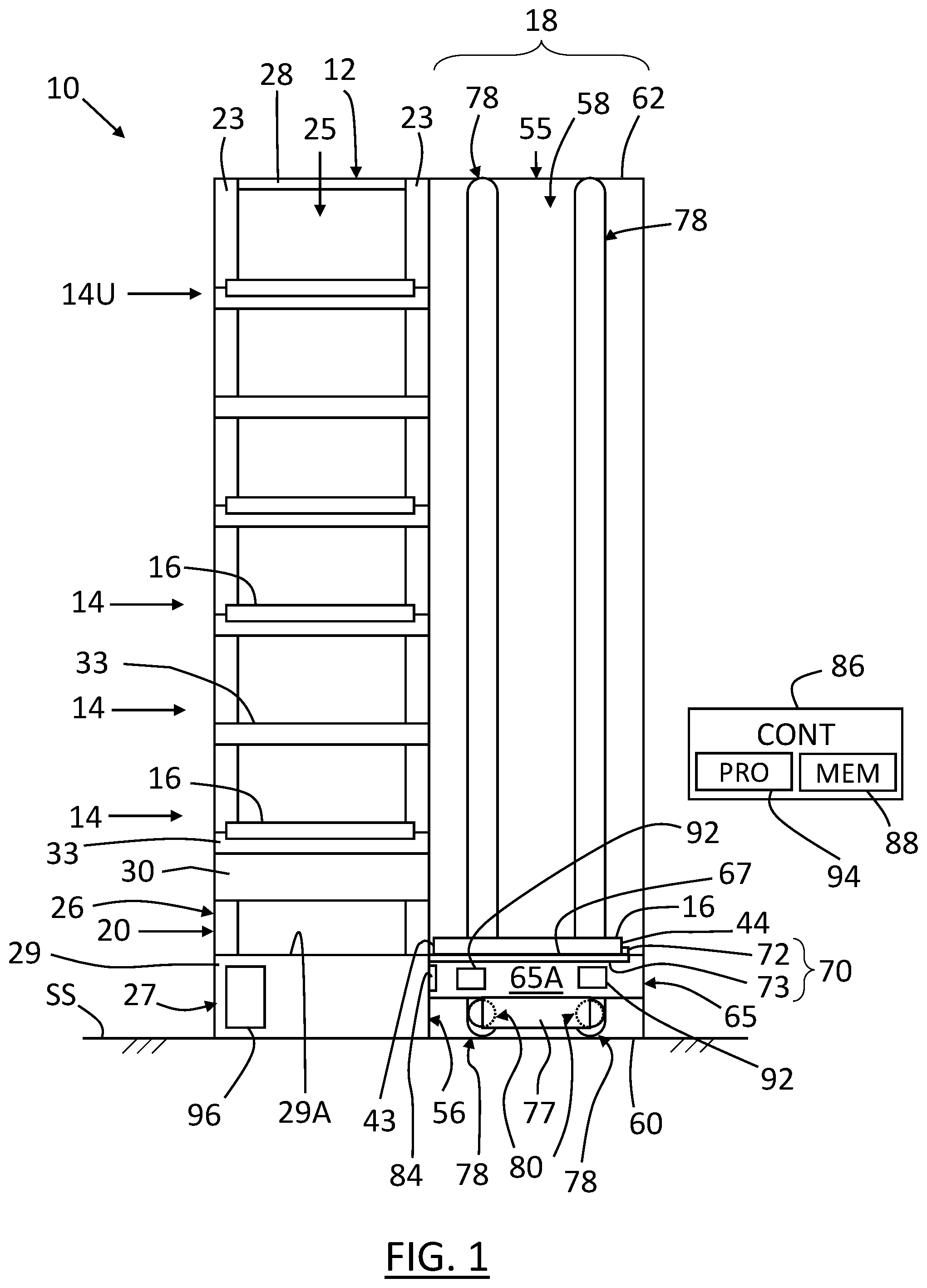 Patent US12338071 Figure 1 – Vertical tray storage system with active elevator position-sensing