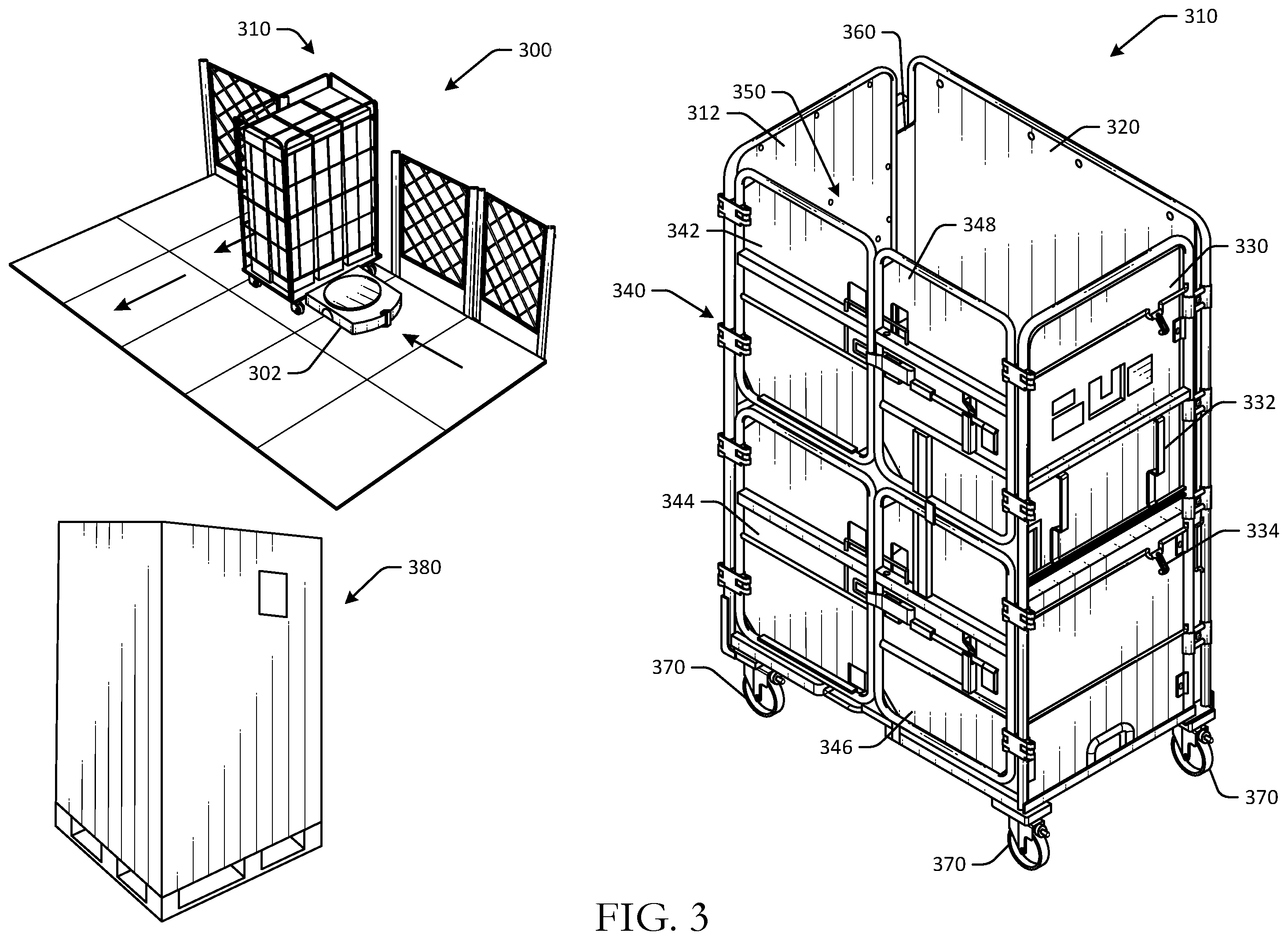 Patent US12338086 Figure 3 – Container unloading systems for various container types