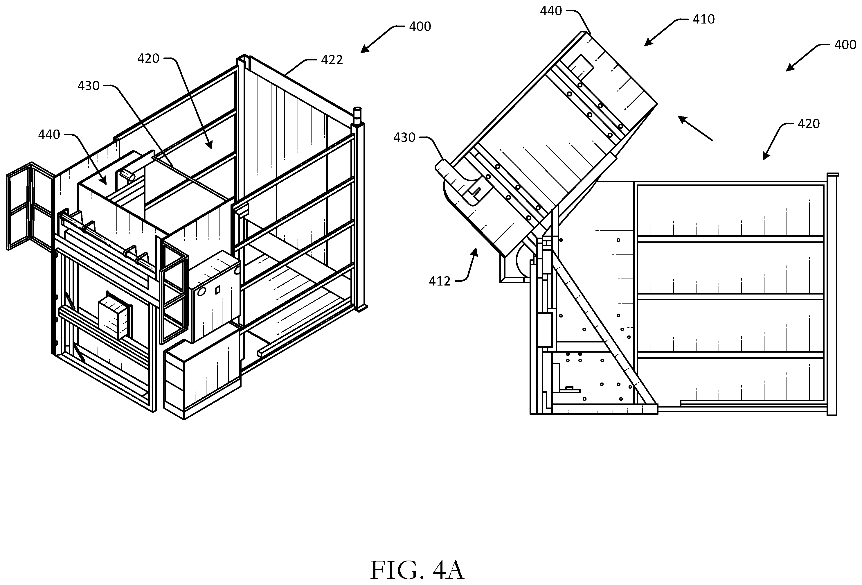 Patent US12338086 Figure 4 – Container unloading systems for various container types