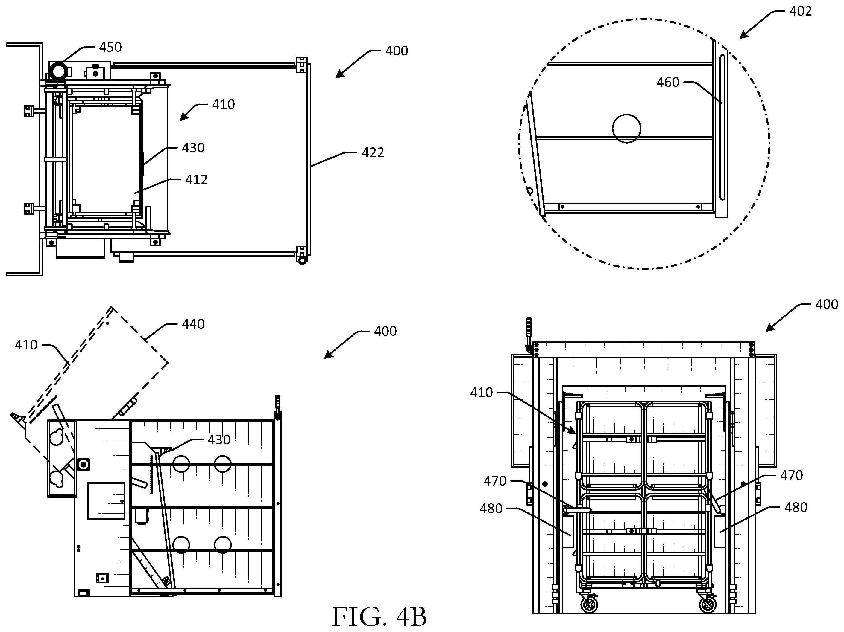 Patent US12338086 Figure 5 – Container unloading systems for various container types