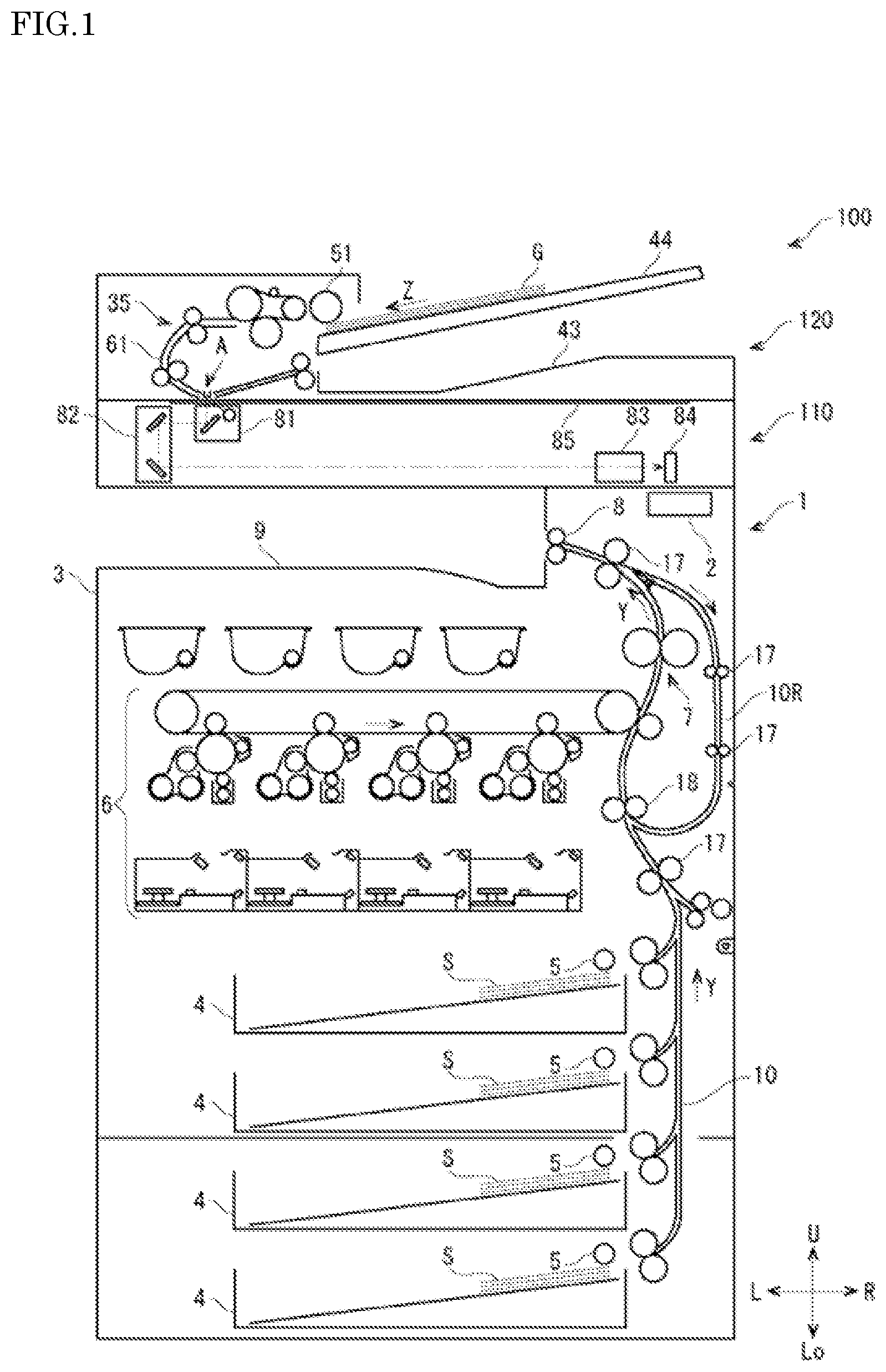 Patent US12338088 Figure 1 – Document sheet conveying device capable of achieving large capacity of sheet feed tray