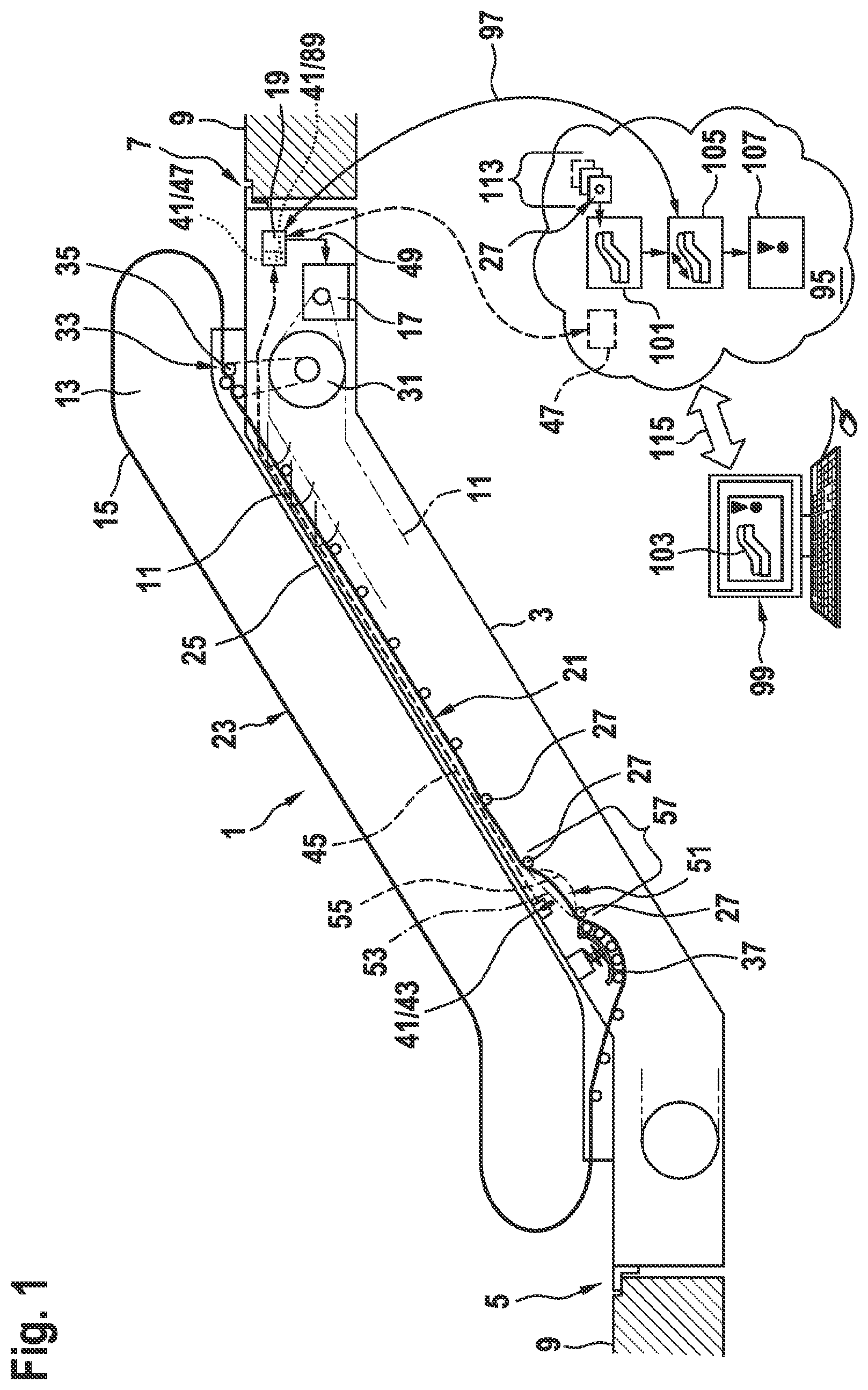 Patent US12338101 Figure 1 – Handrail tension monitoring device for a passenger transport system