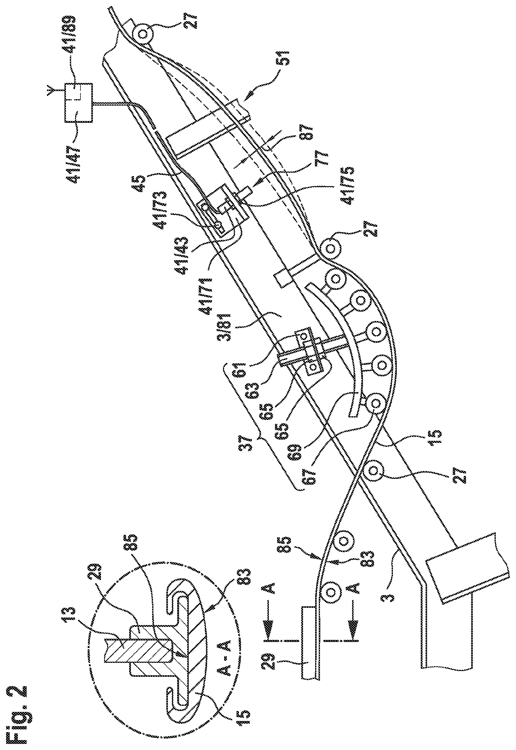 Patent US12338101 Figure 2 – Handrail tension monitoring device for a passenger transport system