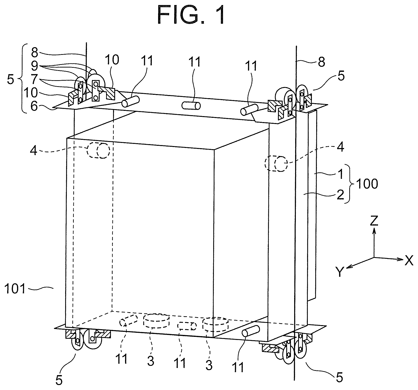 Patent US12338103 Figure 1 – Active guide roller and elevator device