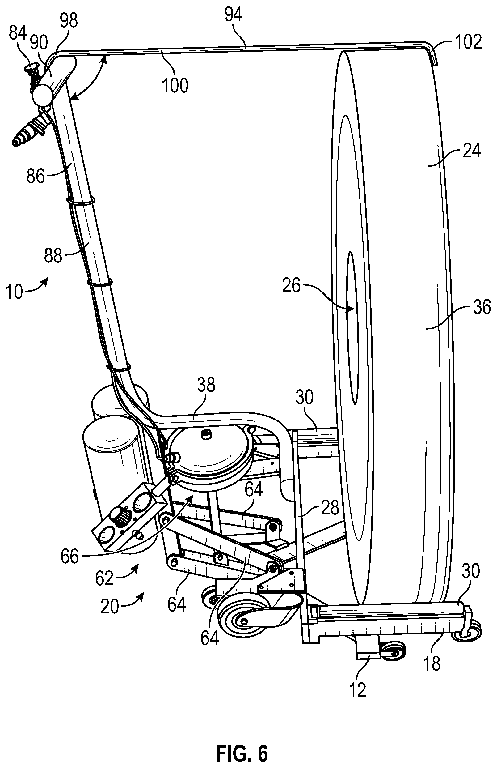 Patent US12338110 Figure 6 – Truck wheel lifting cart