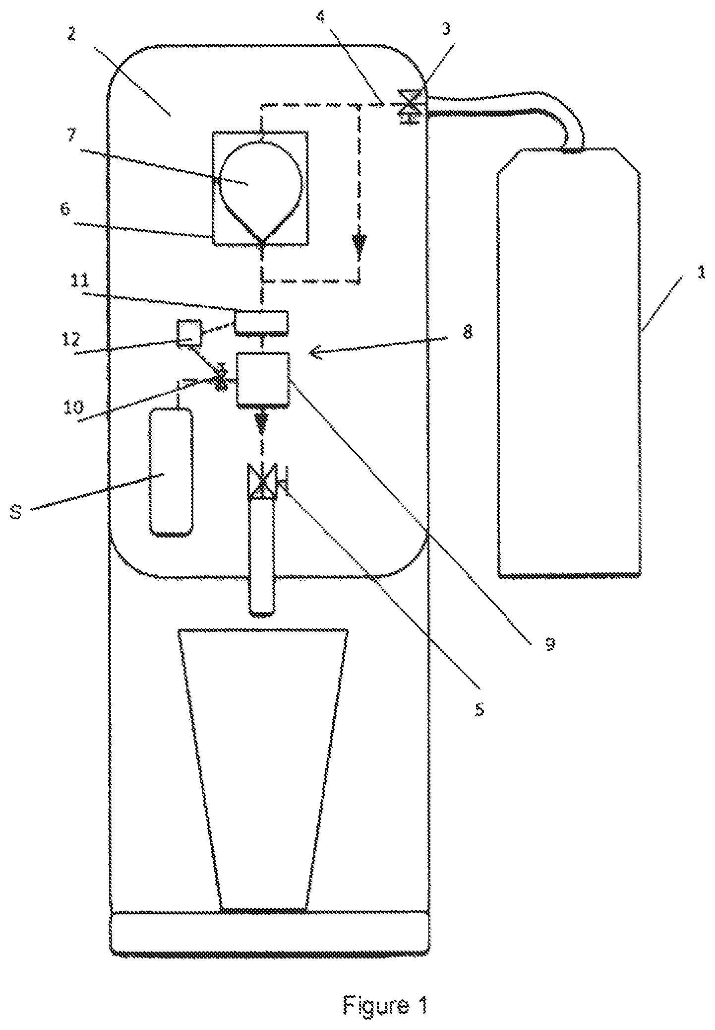 Patent US12338115 Figure 1 – Beverage dispensing assembly comprising an ingredient container receiving means and a gas pressure regulator and method of dispensing a beverage with such assembly